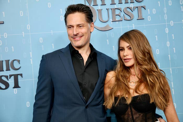 Joe Manganiello in a dark suit and Sofia Vergara in a strapless black dress at a "Mythic Quest" event