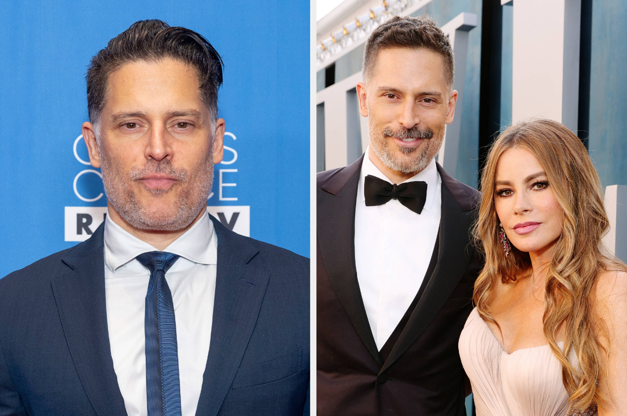 On the left, Joe Manganiello in a suit at an event. On the right, Joe Manganiello in a tuxedo with Sofia Vergara in an elegant dress at a formal event