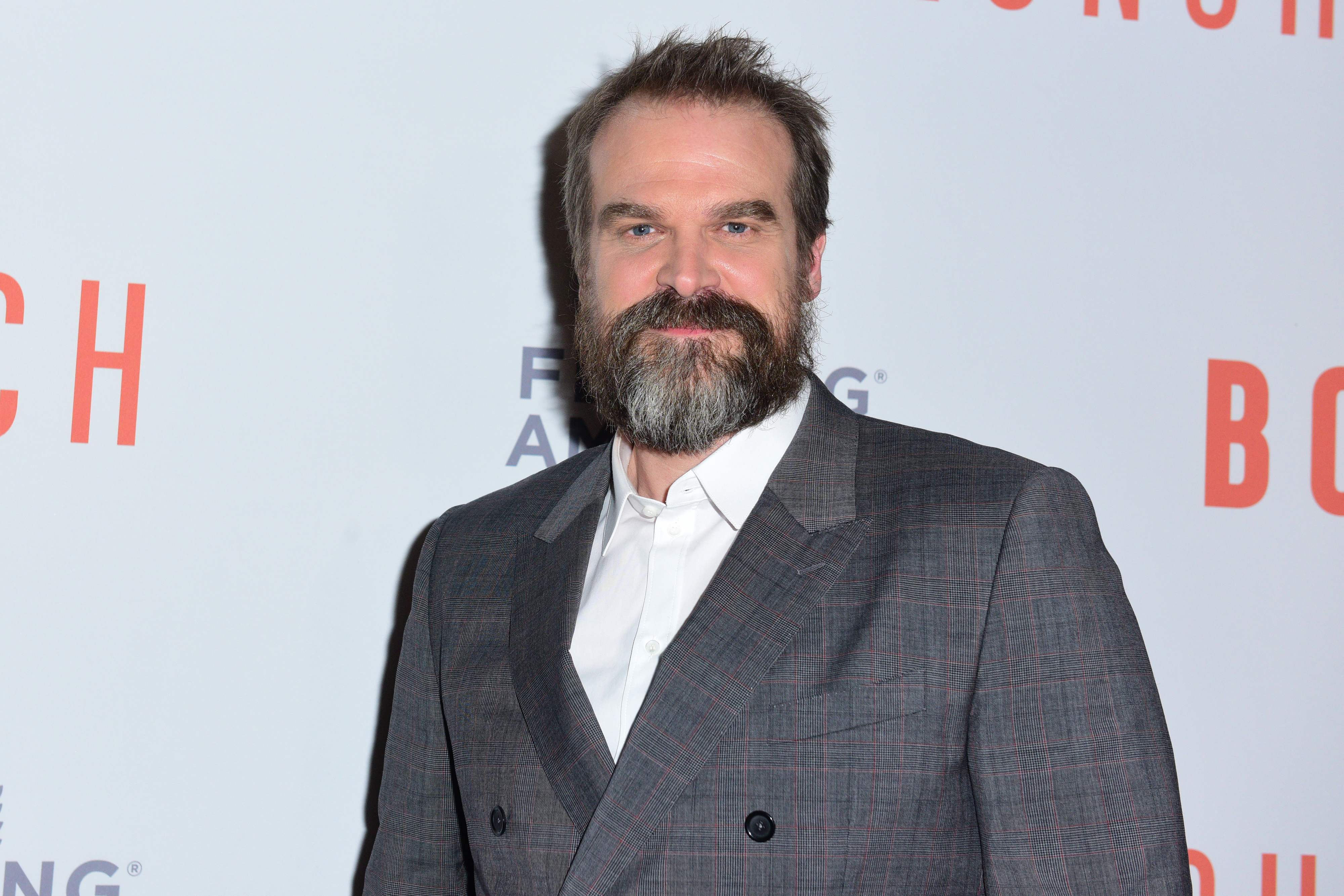 David Harbour wearing a checkered blazer and shirt, posing at a red carpet event