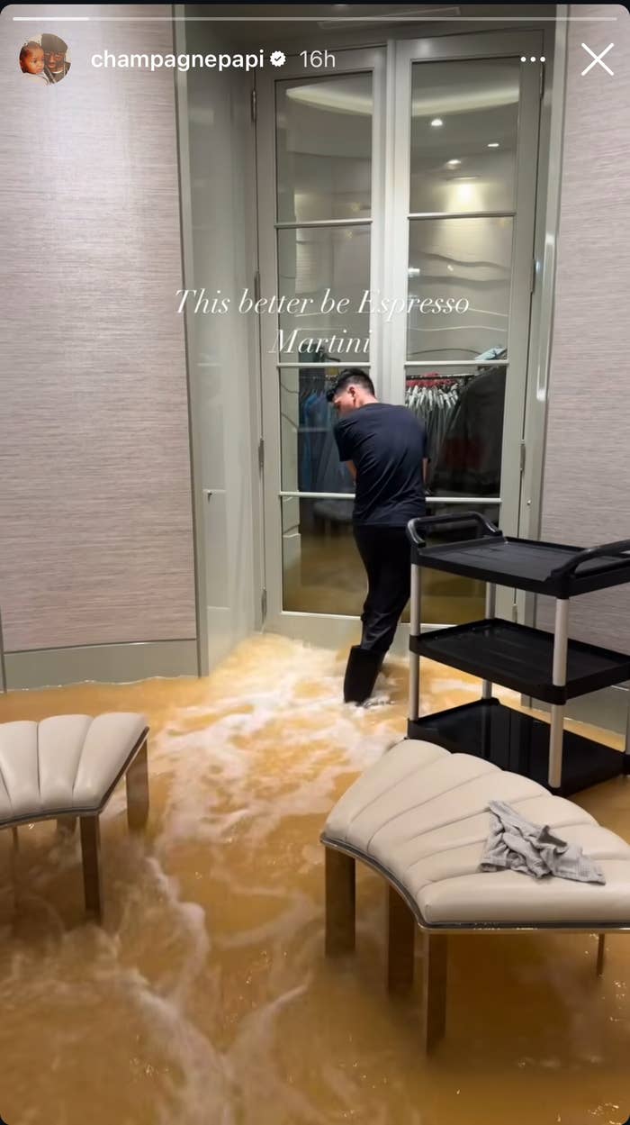 Flooded room with a man mopping up water. Text overlay: "This better be Espresso Martini". Image shared by champagnepapi