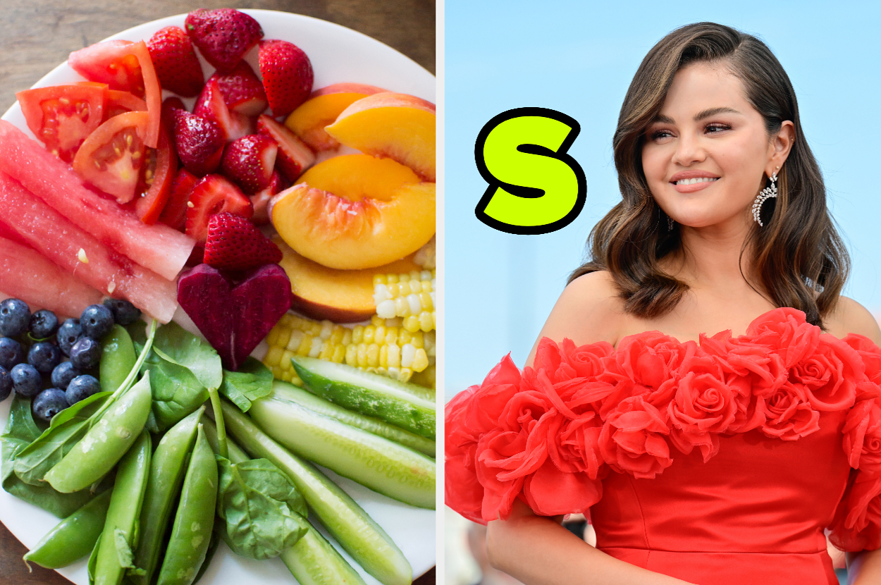 On the left, a plate of fruits and veggies arranged in rainbow order, and on the right, Selena Gomez with a S typed by her head