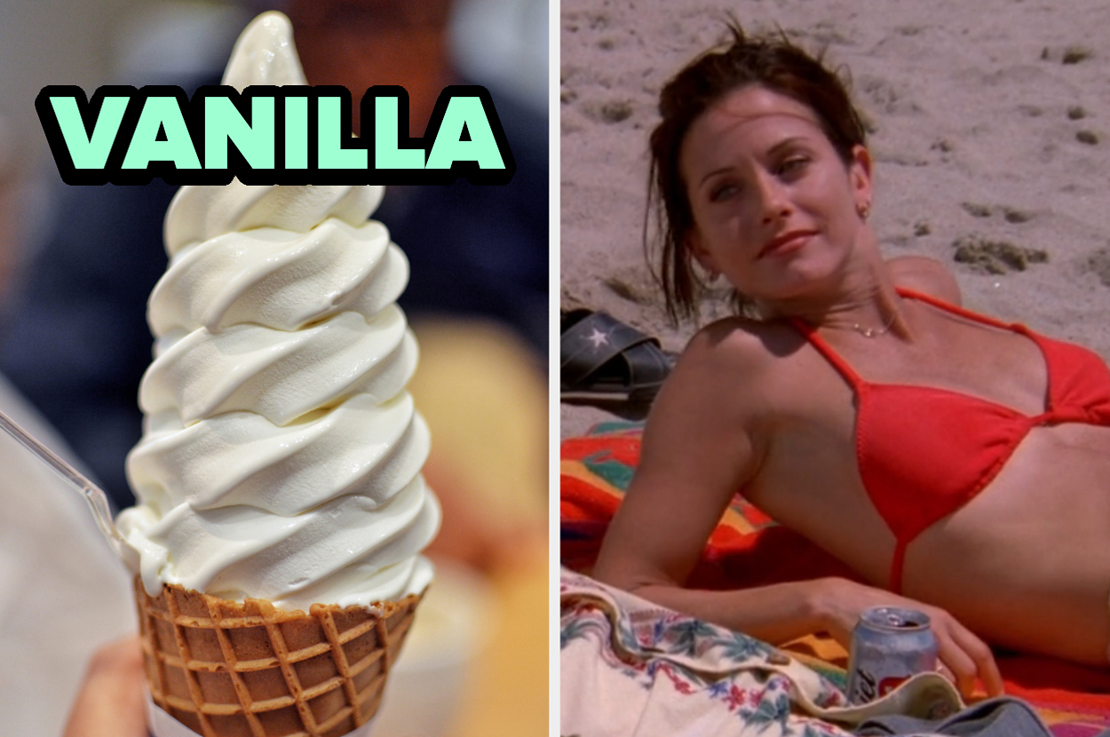 On the left, a soft-serve vanilla ice cream cone, and on the right, Monica from Friends lying on the beach