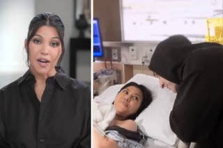Kourtney Kardashian in a black shirt speaks on camera; side image shows Kourtney lying in a hospital bed, looking at Travis Barker who is leaning over her