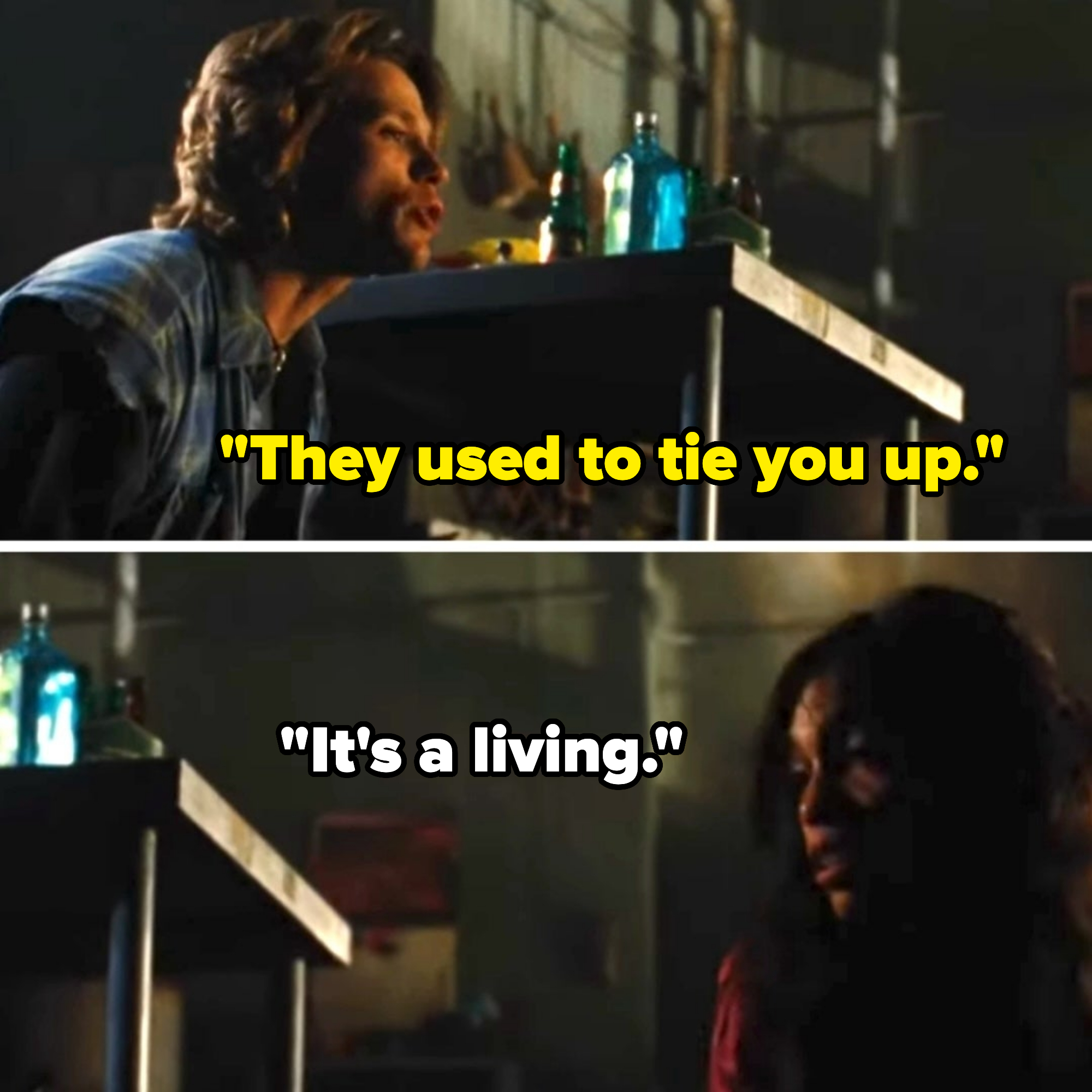 Top frame: Jensen Ackles talking intensely while leaning on a table with bottles. Bottom frame: Danielle Harris appears serious, sitting near the same table