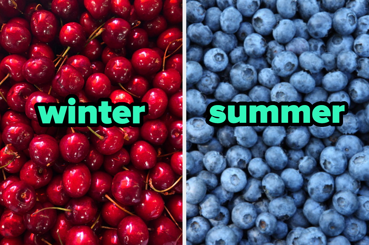 Cherries labeled "winter" on the left and blueberries labeled "summer" on the right