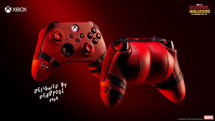 Xbox controllers in a red and black Deadpool-themed design, promoting the &quot;Deadpool 3&quot; and &quot;Wolverine&quot; collaboration. Text reads: &quot;Designed by Deadpool yoro.&quot;