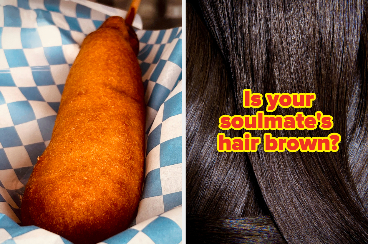 A corn dog in a checkered paper tray is on the left, while the right side has text asking, "Is your soulmate's hair brown?" over an image of brown hair