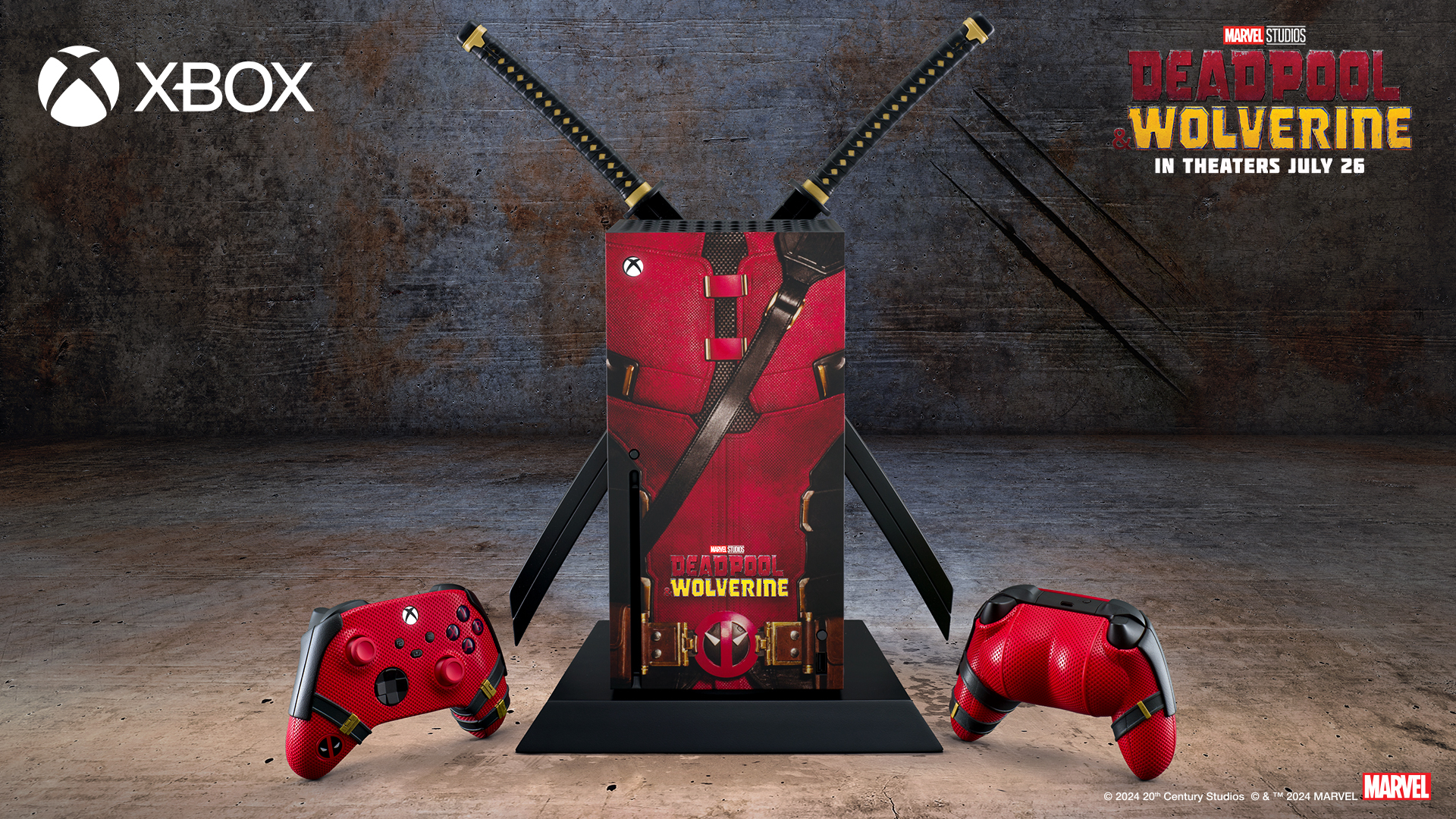 Promotional image featuring an Xbox console adorned with Deadpool imagery, two katanas, and two red and black game controllers for &quot;Deadpool 3&quot; and &quot;Wolverine.&quot;