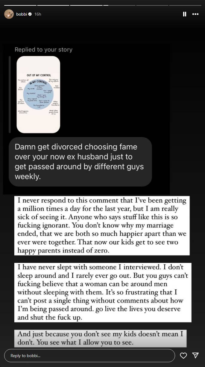 Screenshot of an Instagram Story by someone named Bobbi. It includes a user comment about her divorce and her lengthy response addressing the comment