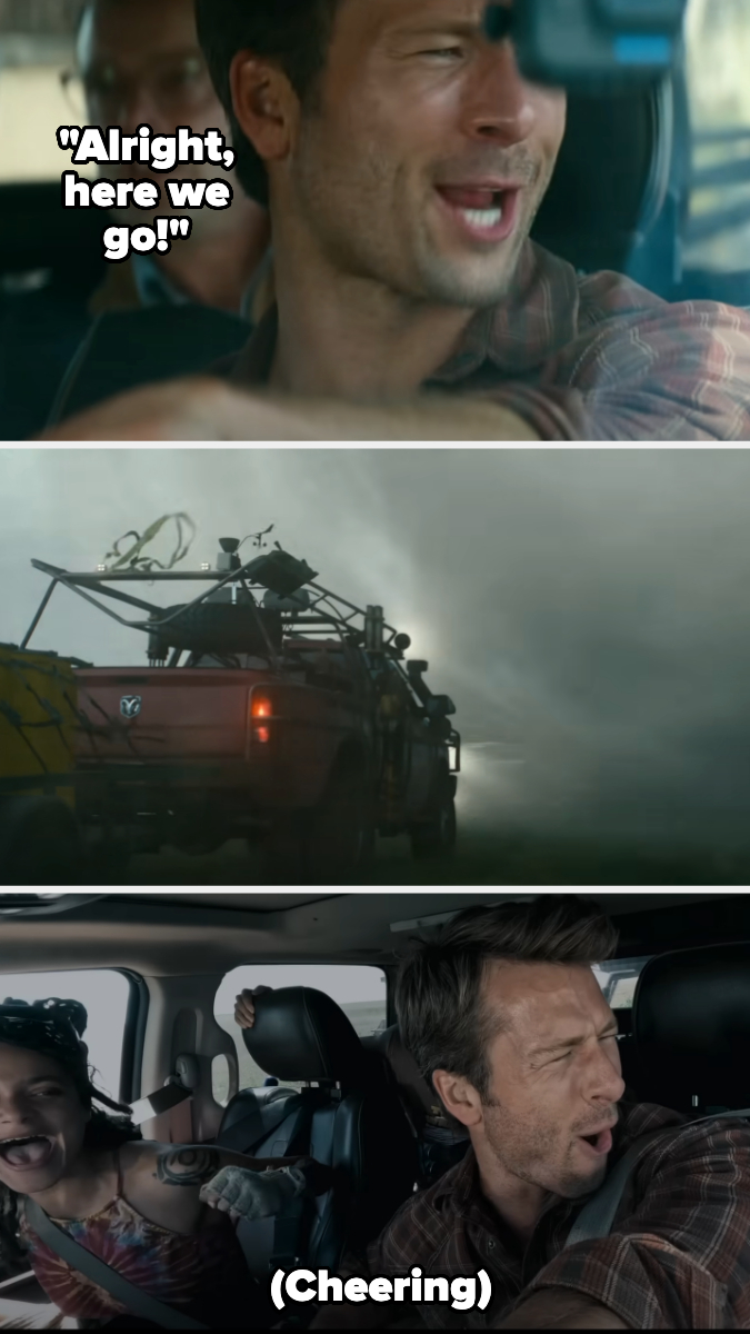 Top panel: A man, possibly Brad Pitt, in a car saying, &quot;Alright, here we go!&quot;
Middle panel: A van loaded with luggage driving through stormy weather.
Bottom panel: Two people cheering inside a vehicle
