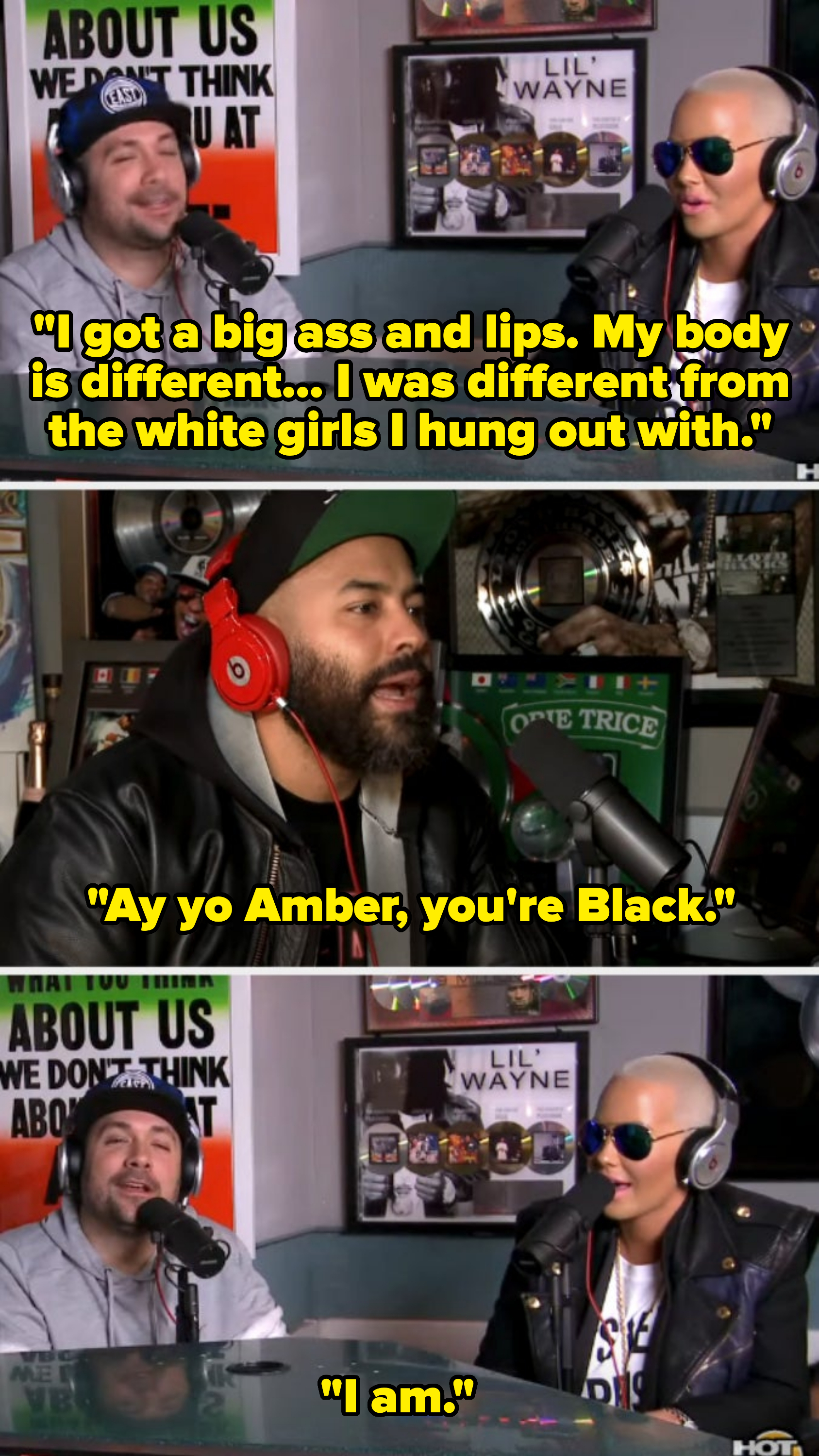 Ebro Darden, Peter Rosenberg, and Amber Rose are being interviewed in a radio studio
