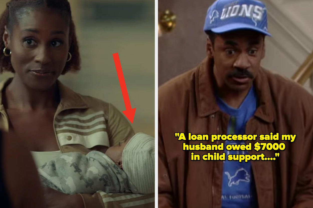 Split-screen image: Left side shows Issa Rae holding a baby. Right side shows a man in a Lions cap and brown jacket with text: "A loan processor said my husband owed $7000 in child support..."