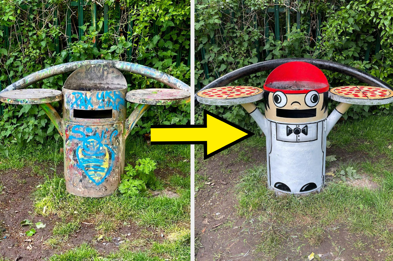 A side-by-side comparison of a trash can before and after a creative transformation into a cartoonish pizza chef with pizzas