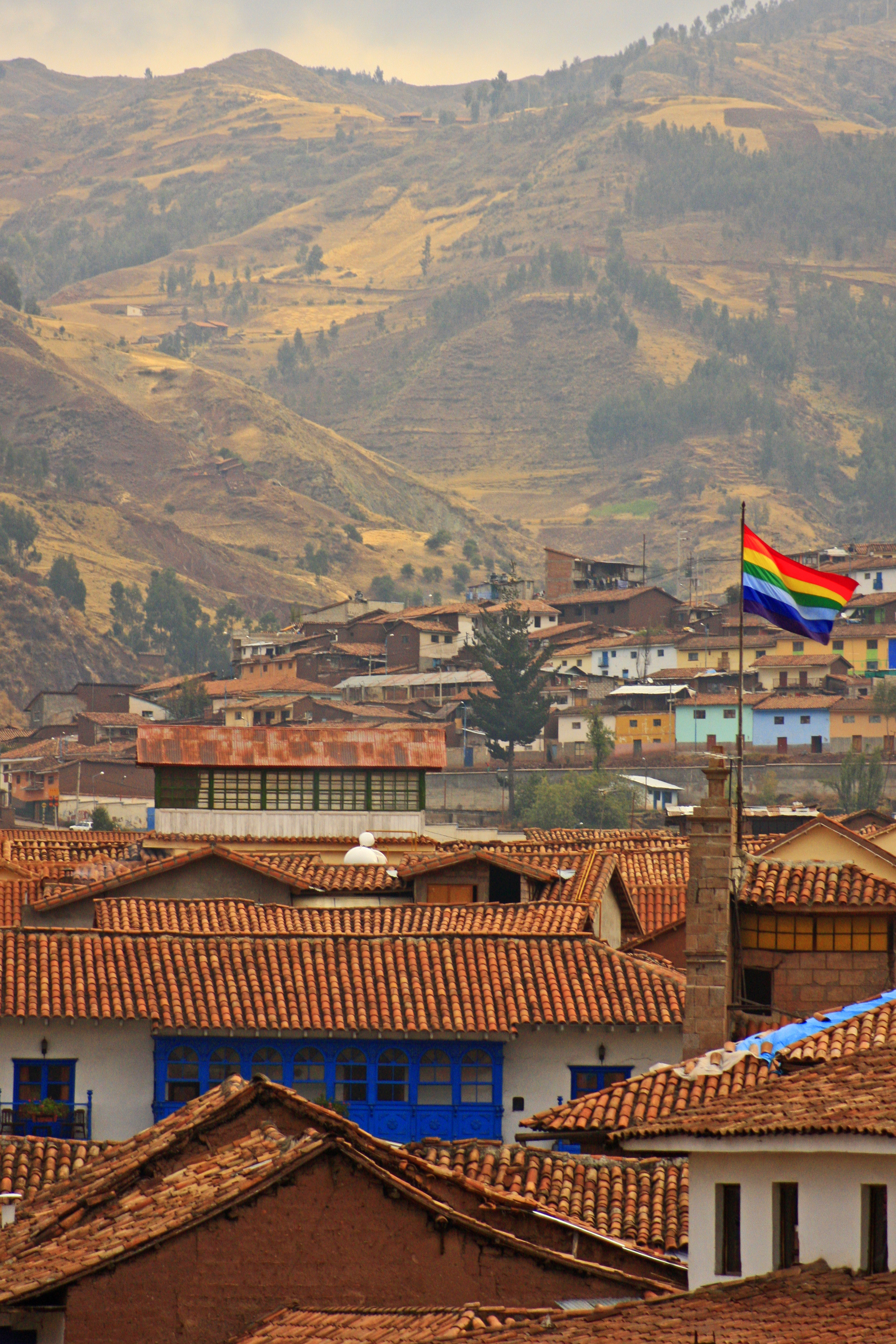 A cityscape with red-tiled rooftops in the foreground and multicolored houses on a hillside in the background. A multicolored flag is prominently displayed