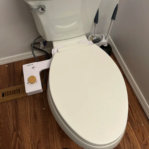 A toilet with a bidet attachment and wooden floor, shown next to a toilet brush and plunger