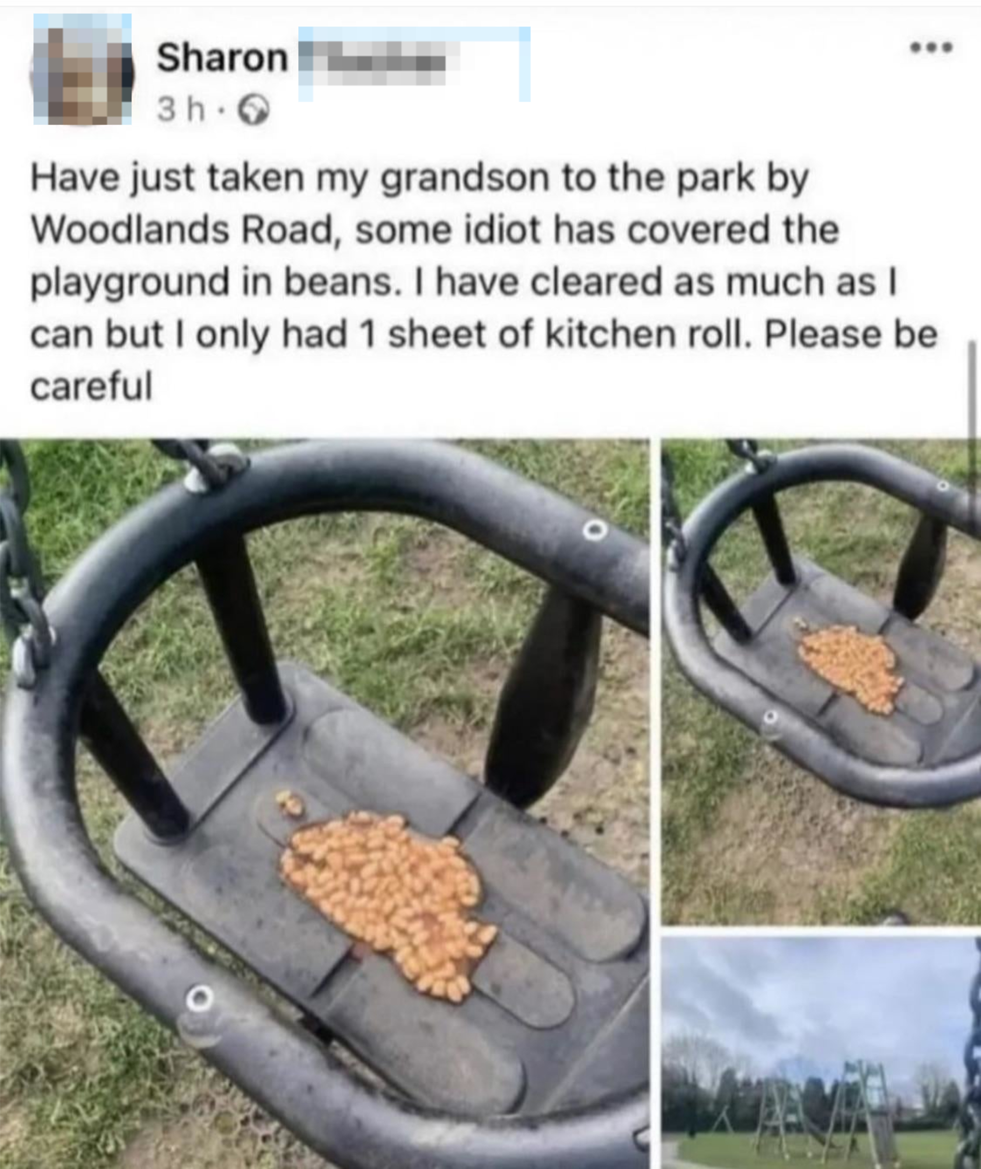 Facebook post by Sharon shows a playground swing covered in beans. Sharon cleaned most with a kitchen roll but advises caution