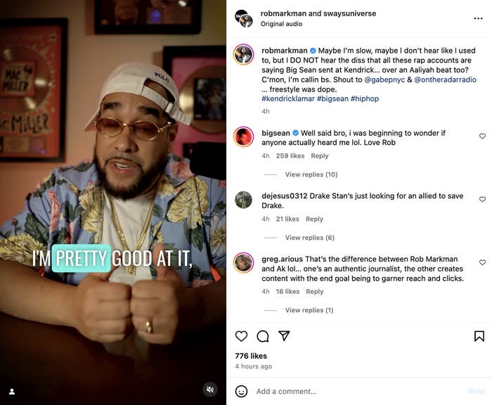 Rob Markman sits at a desk speaking in a video. Instagram comments discuss opinions on hip-hop artists like Big Sean, Drake, Aaliyah, Kendrick Lamar, and others