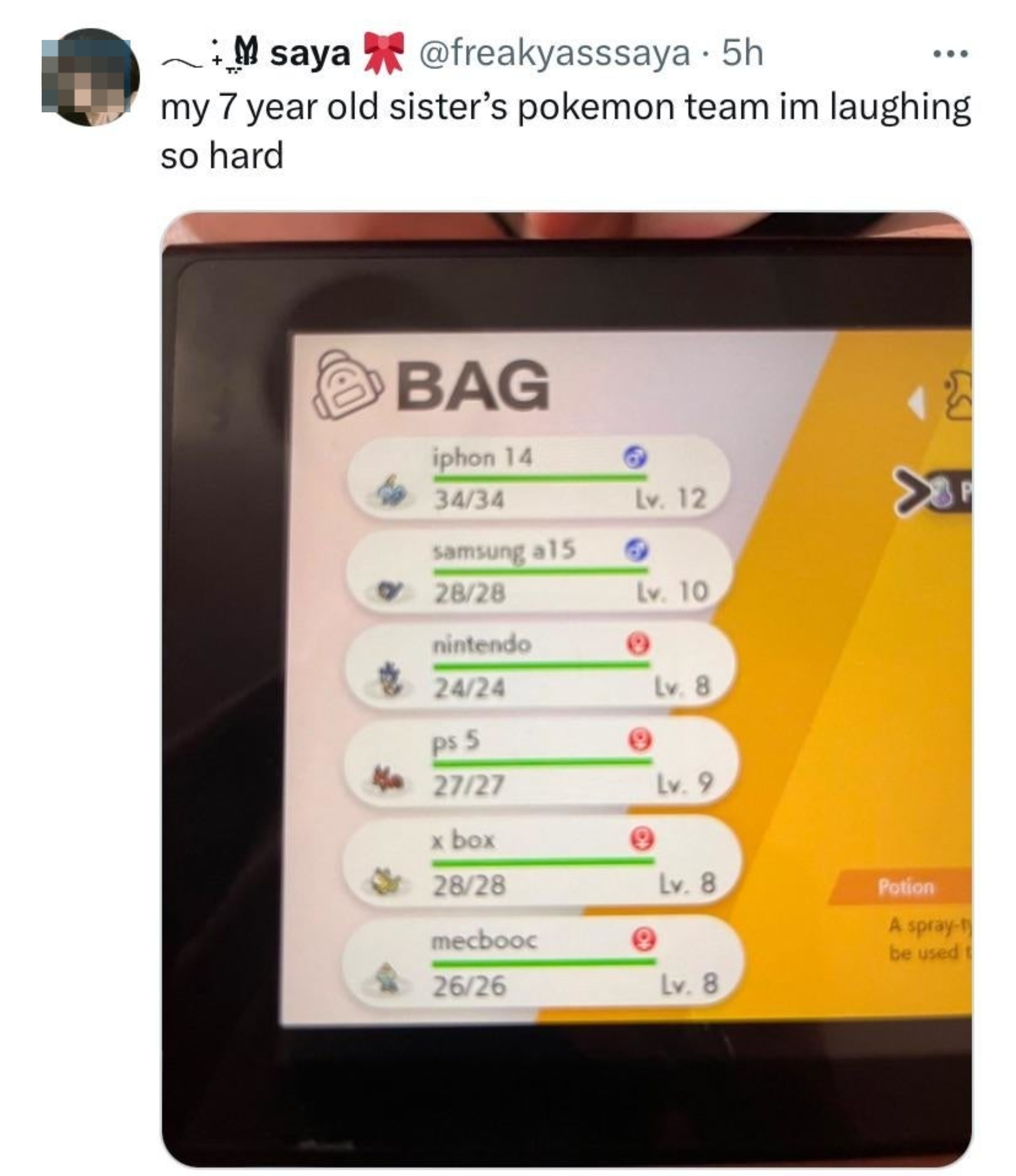 A tweet from user @freakyasssaya showing a game screen with a Pokémon team where the Pokémon are humorously named after electronics like "iphon 14" and "mecbooc."