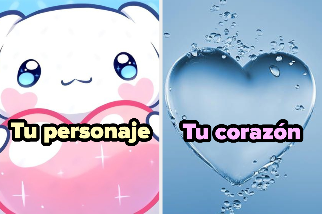 Imagen dividida en dos. A la izquierda, un personaje adorable con ojos grandes y dos corazones en las mejillas. A la derecha, un corazón de agua. Texto: "Tu personaje | Tu corazón"