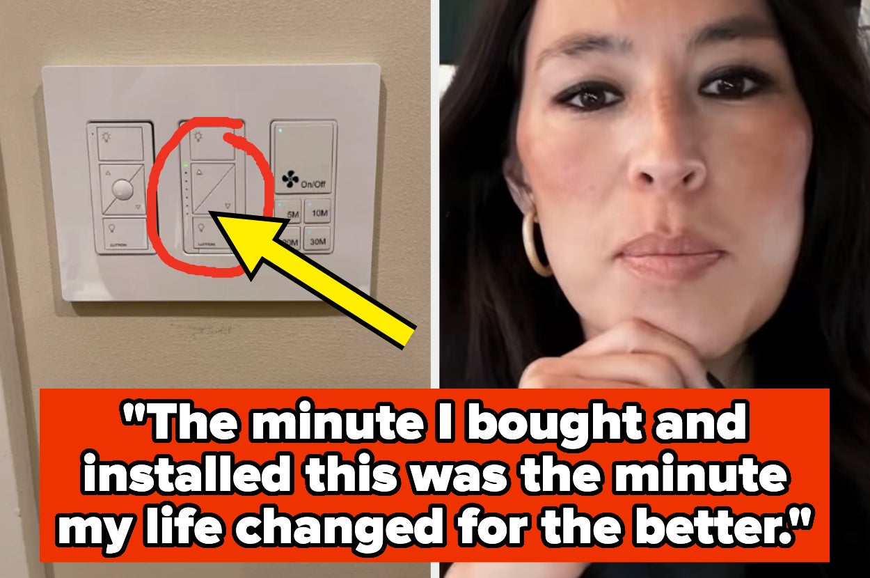 A face and hand are shown next to a light switch with a red circle and arrow pointing to one switch. Text reads: "The minute I bought and installed this was the minute my life changed for the better."