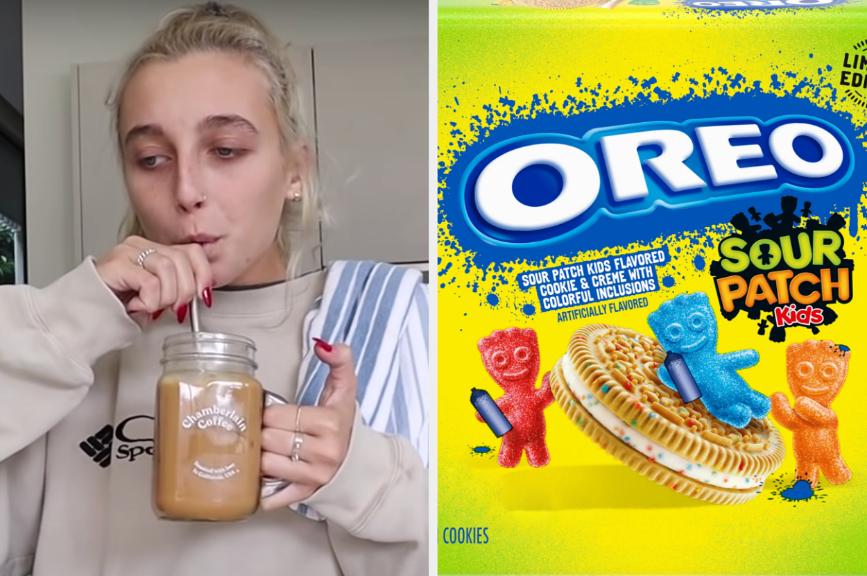 On the left, Emma Chamberlain drinking iced coffee from a mason jar, and on the right, Sour Patch Kids flavored Oreo cookies package