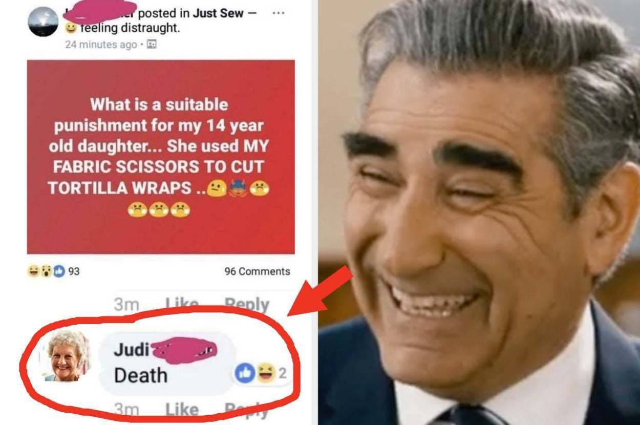 Facebook post with a photo of Eugene Levy laughing. The post asks for a punishment for a daughter who used fabric scissors to cut tortilla wraps, with a comment from Judi suggesting "Death."