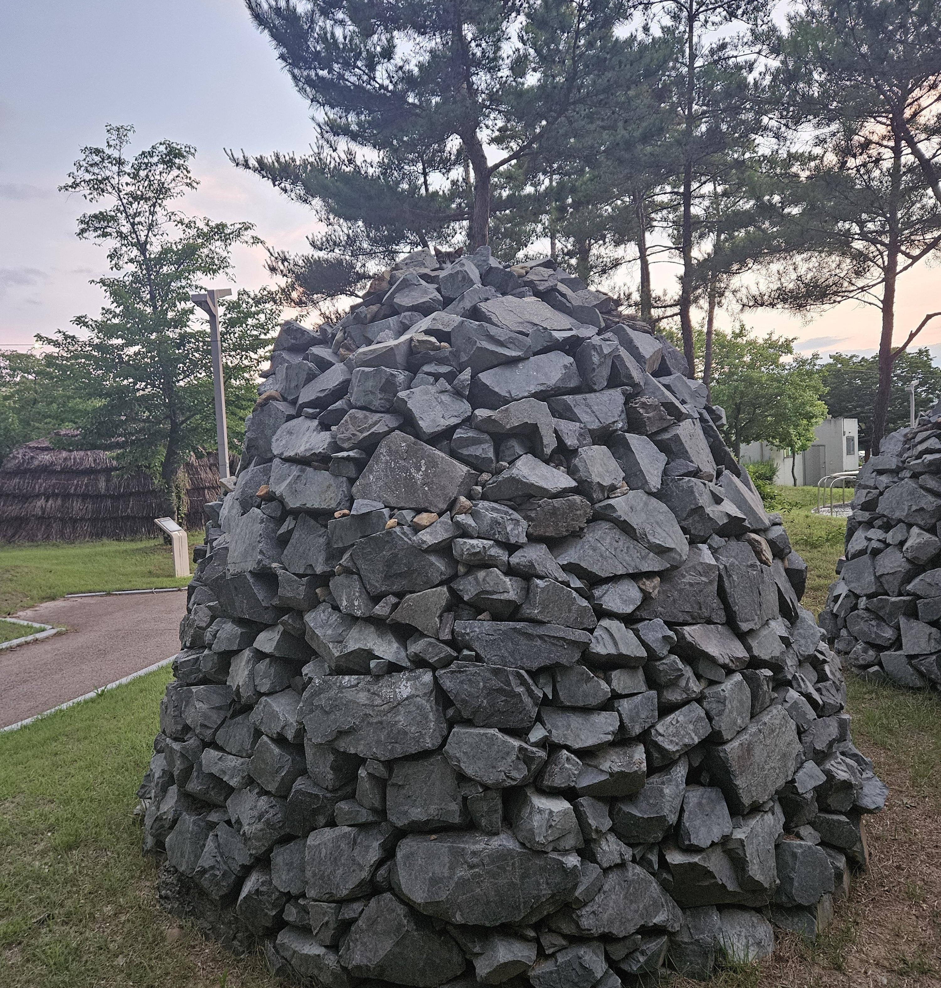 A large conical pile of rocks with a tree growing from the top, set in a park with other trees and pathways in the background