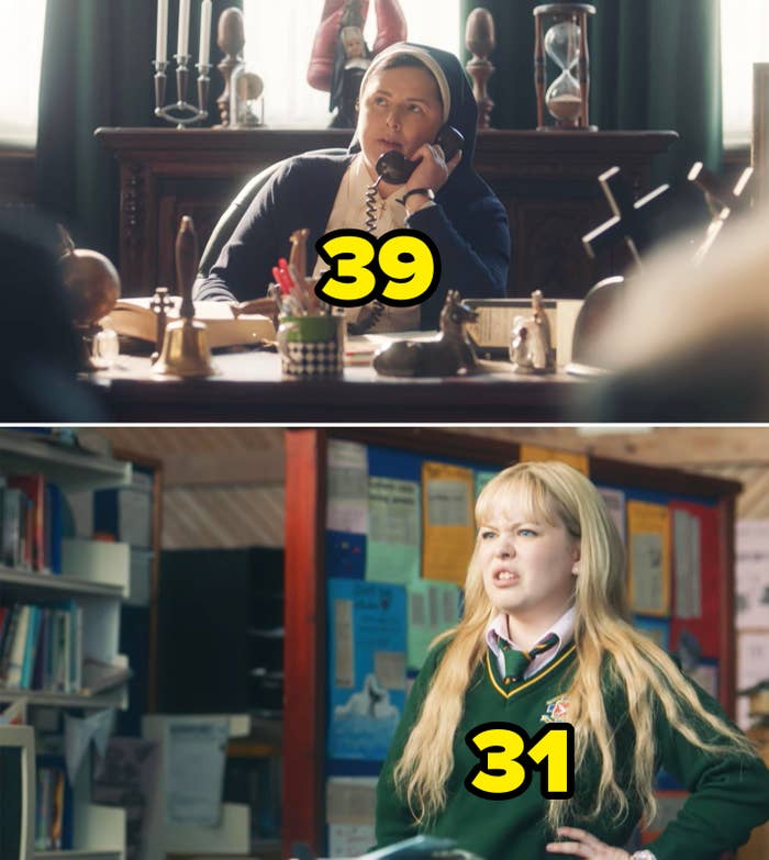 Sister Michael speaks on the phone at her desk while Clare stands in a school classroom, wearing a school uniform