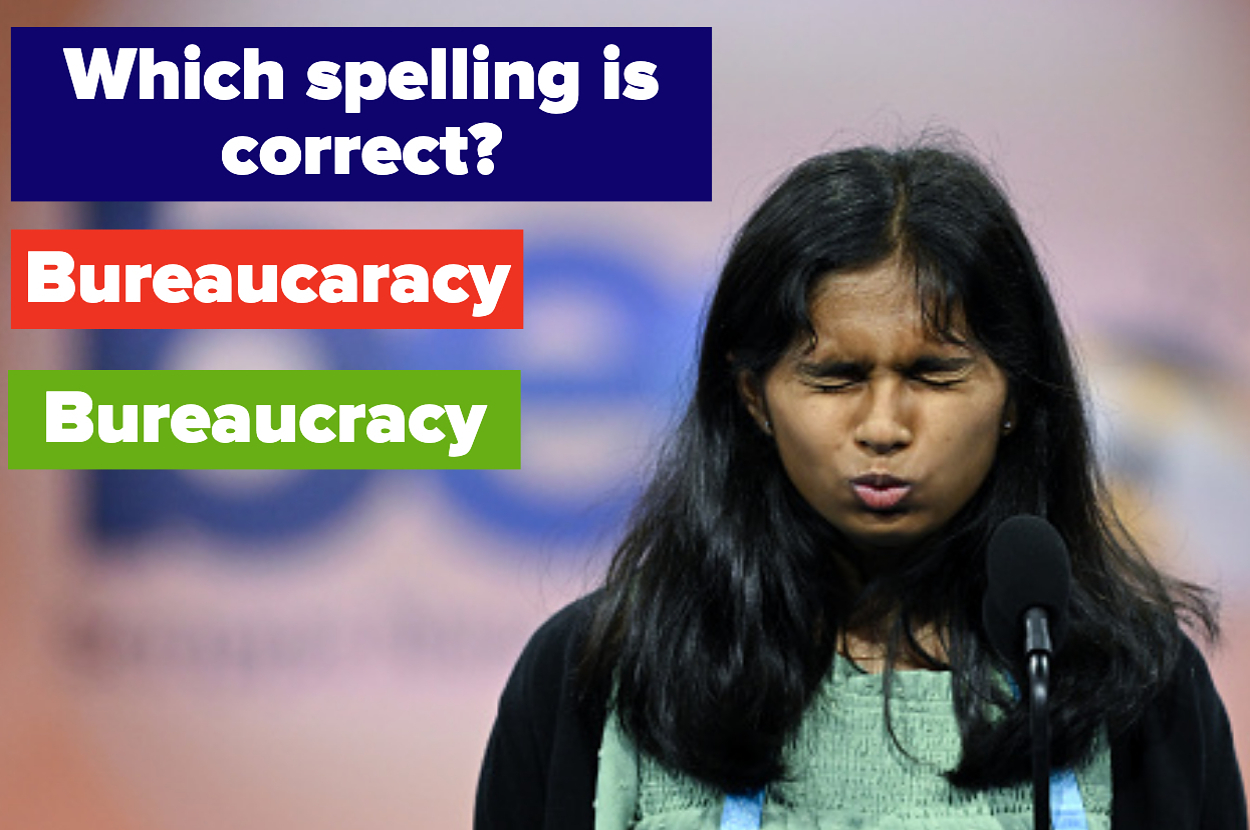 A person speaking into a microphone. Text: "Which spelling is correct? Bureauacuracy, Bureaucracy."