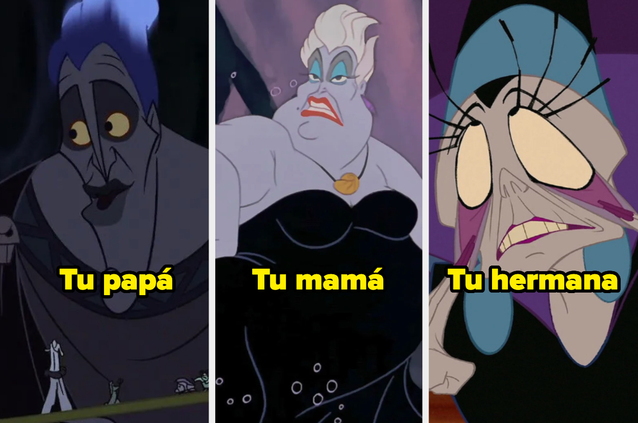 Hades, Úrsula y Yzma en estilo cómico. Texto: "Tu papá", "Tu mamá" y "Tu hermana"