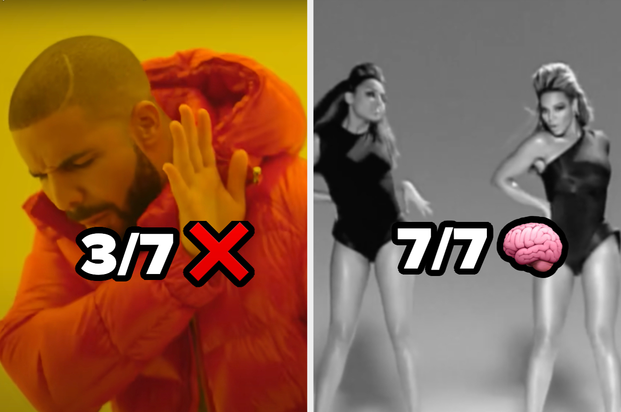 Imagen de Drake a la izquierda con "3/7 X" y dos mujeres a la derecha estilo Beyoncé en "Single Ladies" con "7/7 ?"