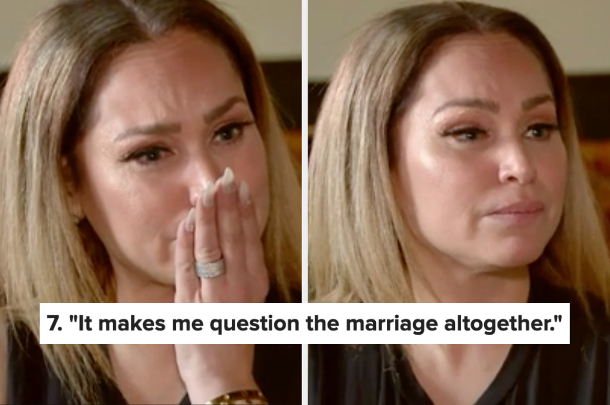 Split image of a woman looking distressed, her hand covering her mouth on the left and a serious expression on the right; text below: "7, 'It makes me question the marriage altogether'"