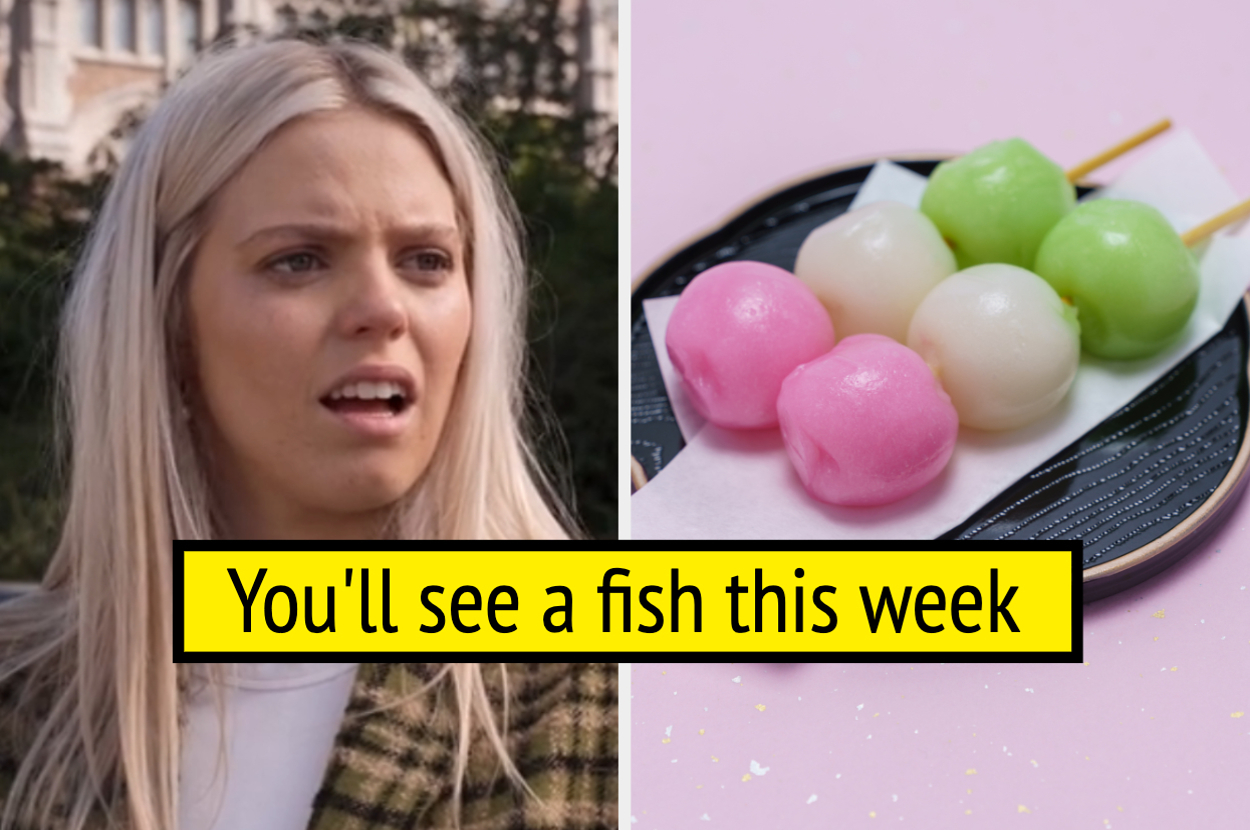 Renee Rap appears surprised on the left; on the right, a plate of colorful dumplings. Text overlay: "You'll see a fish this week."