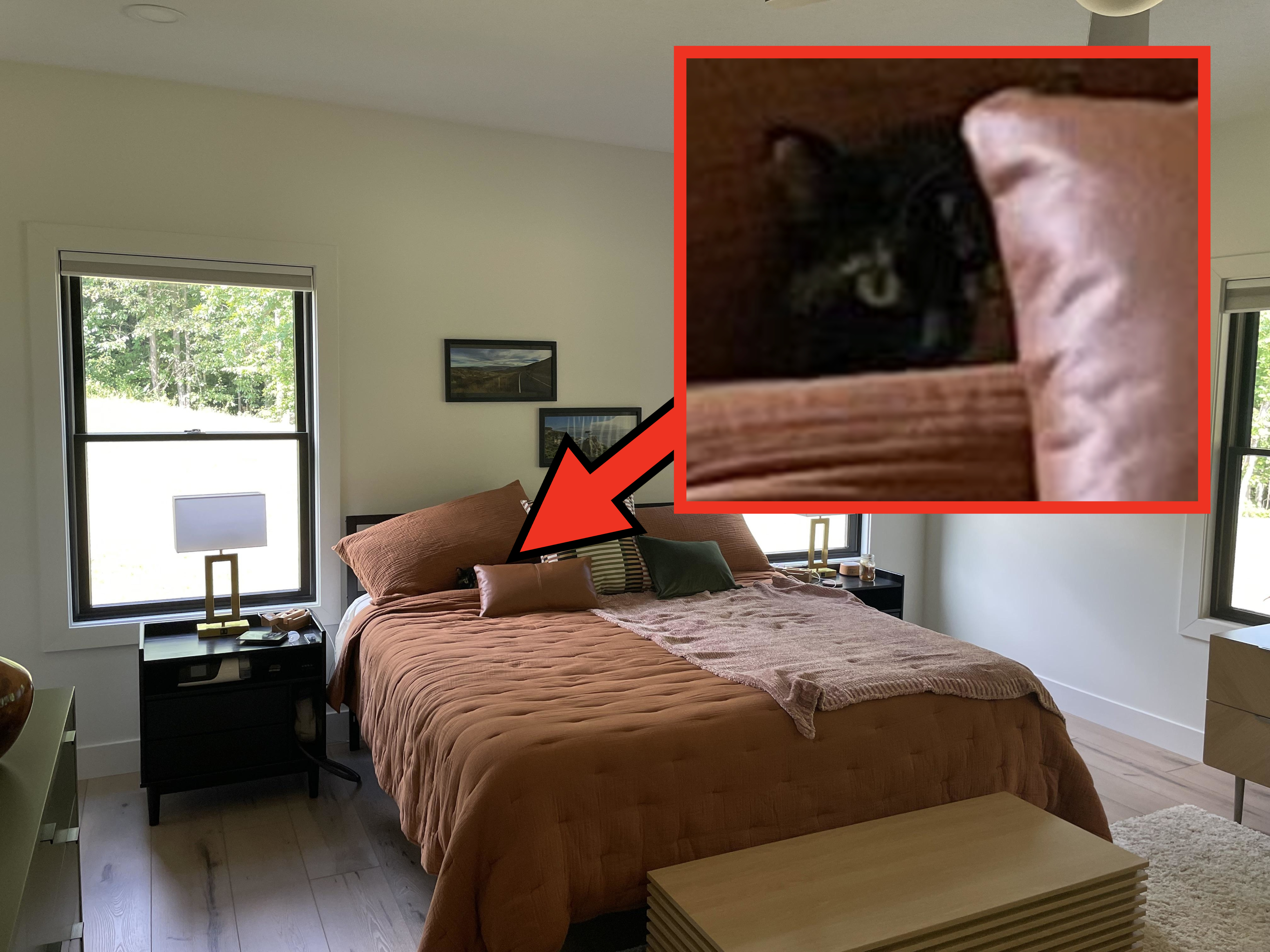 A neatly made bed with pillows and a throw blanket in a minimalistic bedroom. Two windows with scenic views flank the bed, and bedside tables hold lamps