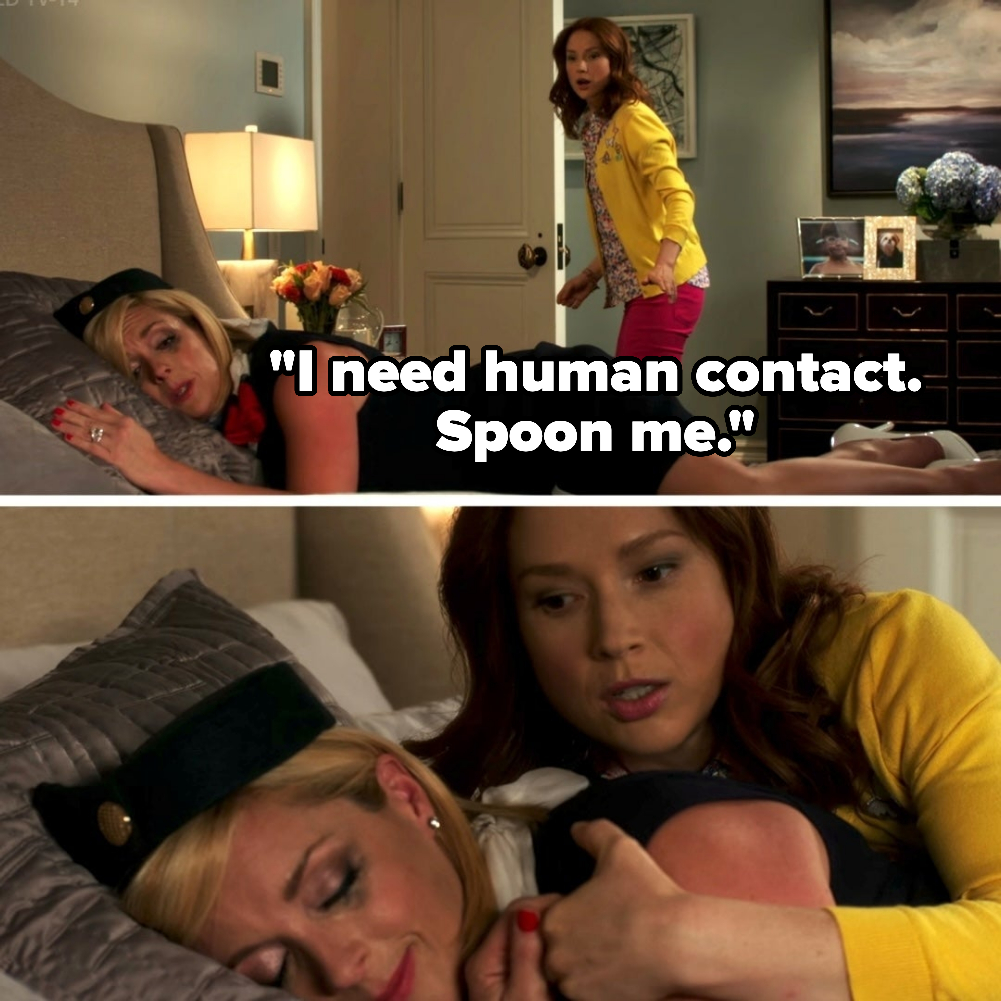 Jane Krakowski, dressed as a flight attendant, lies on a bed. Ellie Kemper, in a casual outfit, stands at the door and then comforts her