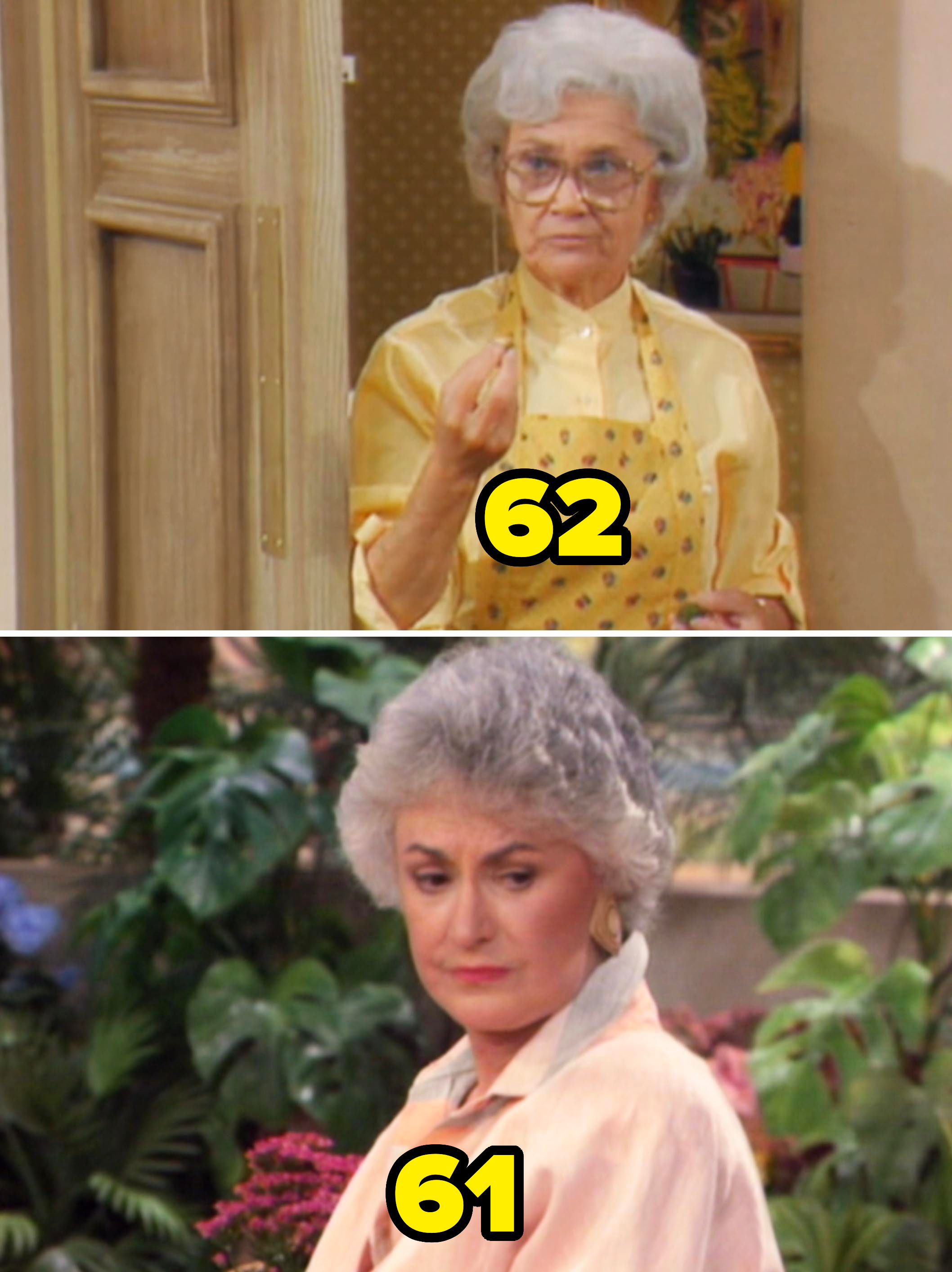 Top image: Estelle Getty as Sophia Petrillo wearing an apron in 'The Golden Girls'. Bottom image: Bea Arthur as Dorothy Zbornak looking thoughtful in 'The Golden Girls'