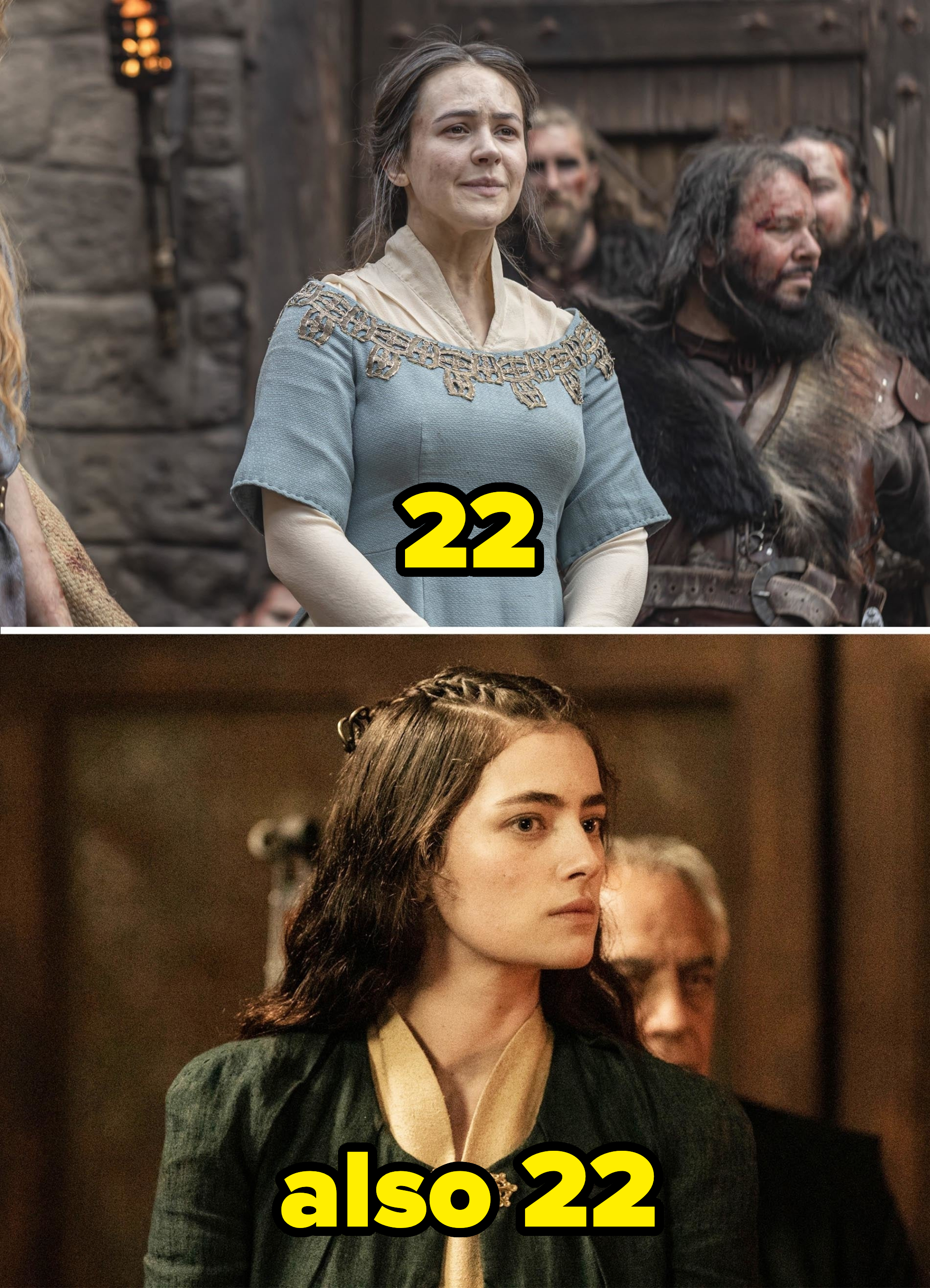 Top image: Woman in medieval clothing stands among crowd. Bottom image: Woman in medieval clothing stands indoors. Scenes are from TV show "The Witcher"