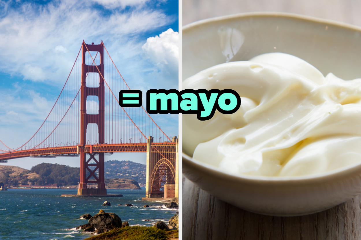 Golden Gate Bridge juxtaposed with a bowl of mayonnaise, highlighting a comparison between the two. Text reads, "Golden Gate Bridge = mayo."