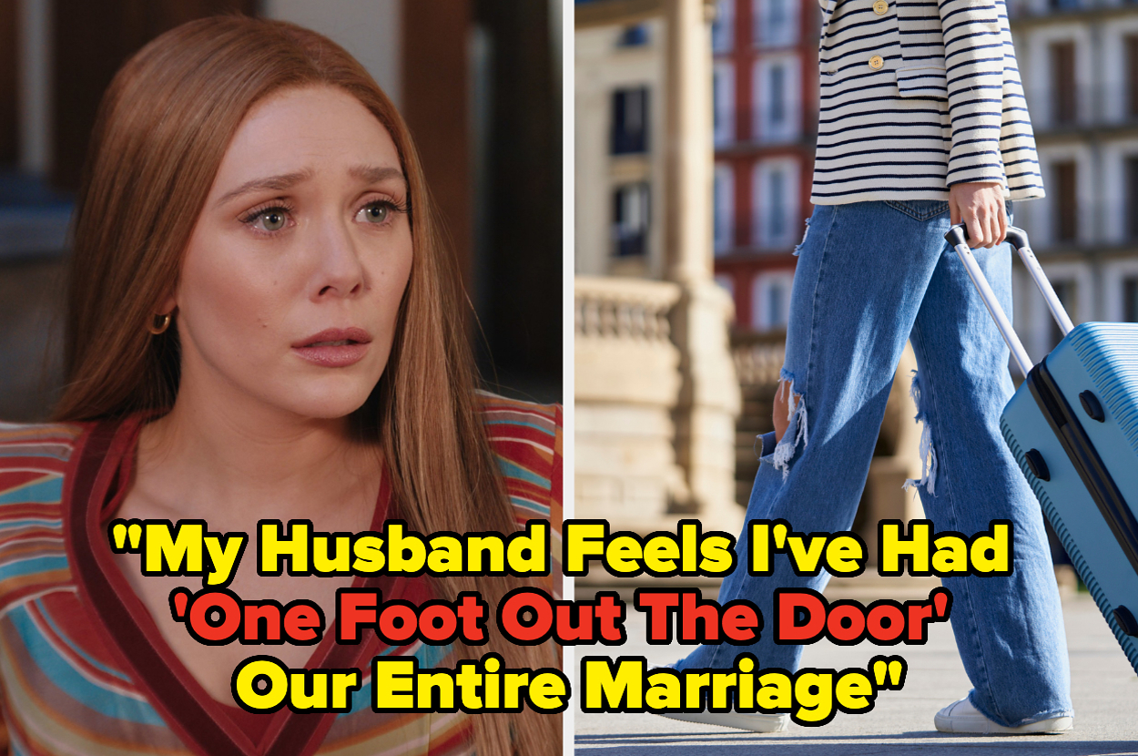 Split image: Left side shows a worried Wanda Maximoff. Right side depicts a person in striped top and ripped jeans wheeling a suitcase. Text overlaid: "My Husband Feels I've Had 'One Foot Out The Door' Our Entire Marriage"