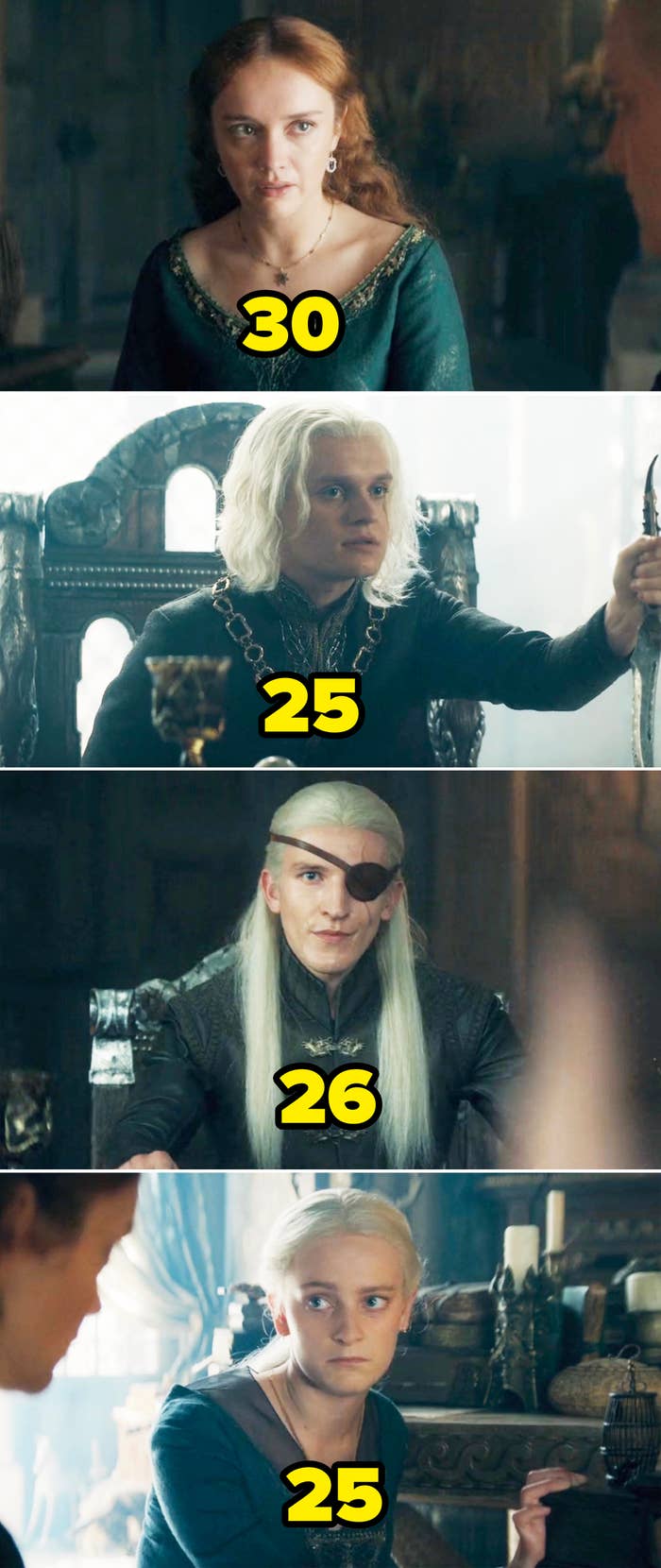 Scenes from "House of the Dragon" showing four characters: Alicent Hightower, Daemon Targaryen, Aemond Targaryen, and Helaena Targaryen in medieval attire