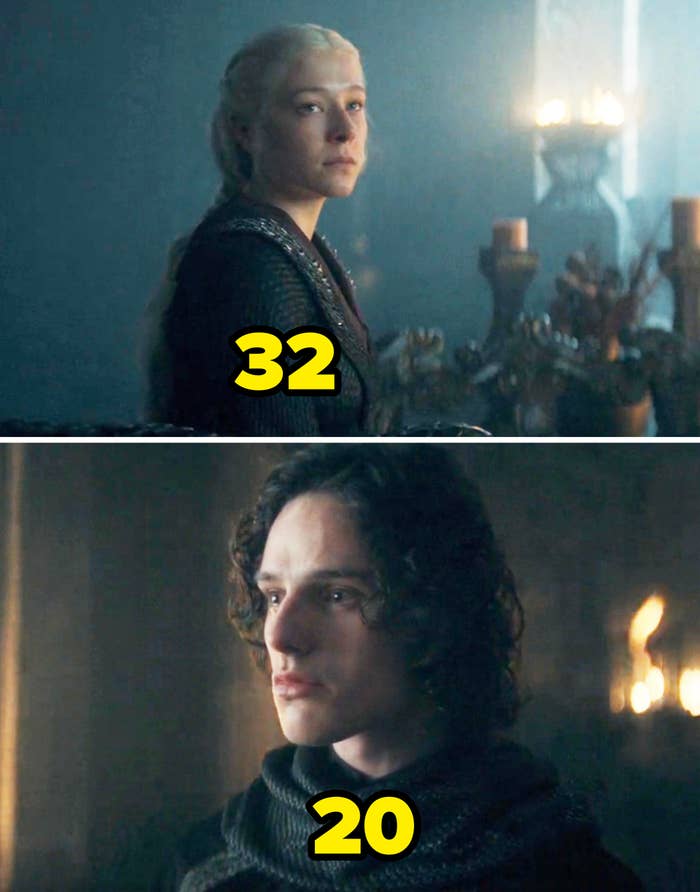 Emma D'Arcy and Ewan Mitchell in character on "House of the Dragon," standing in a dimly lit room with medieval decor and candlelight in the background