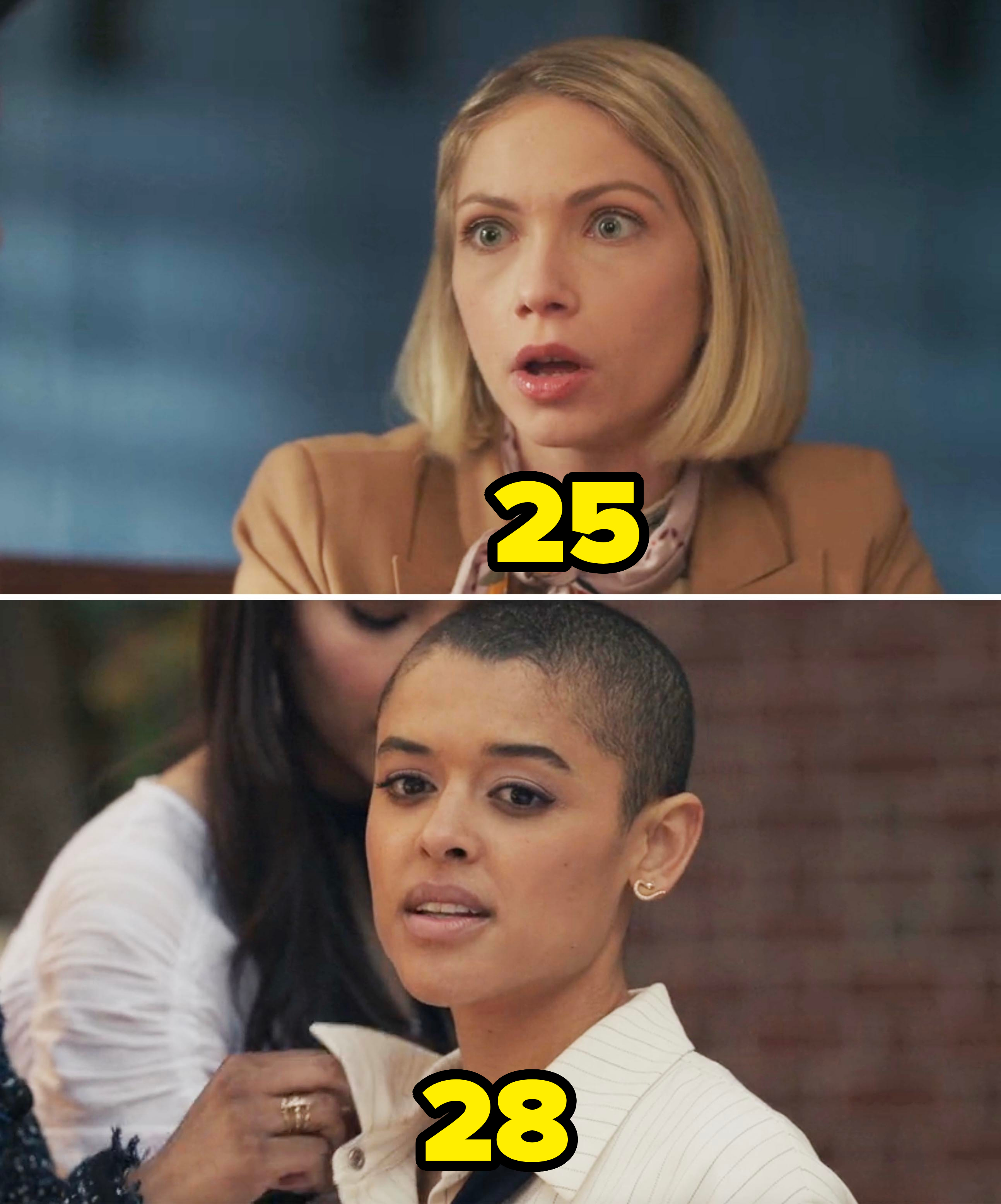 Top image: A surprised woman labeled "25." Bottom image: A confident woman with a shaved head being styled, labeled "28."