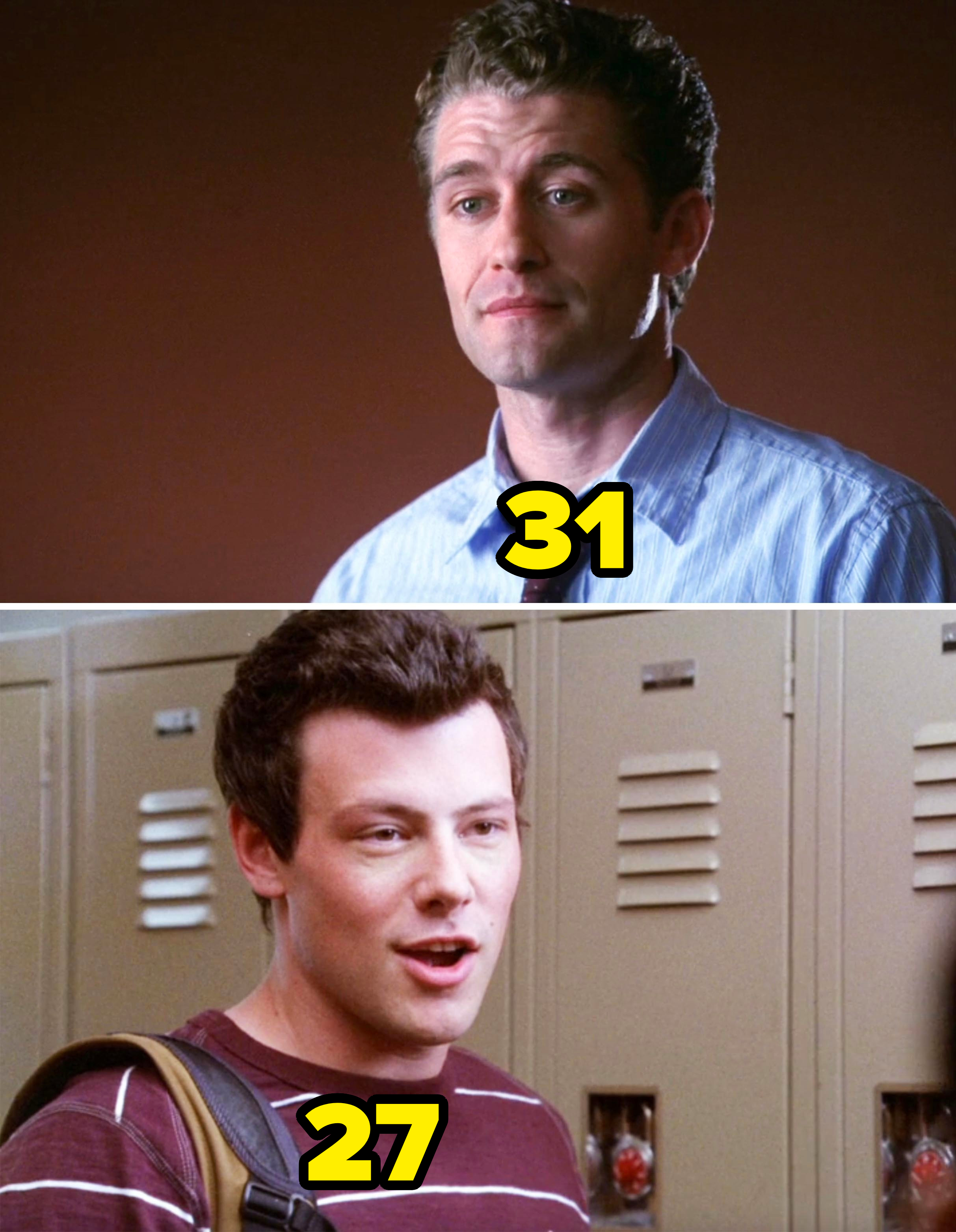 Matthew Morrison in a button-up shirt and tie. Cory Monteith wearing a striped shirt with a backpack in front of lockers