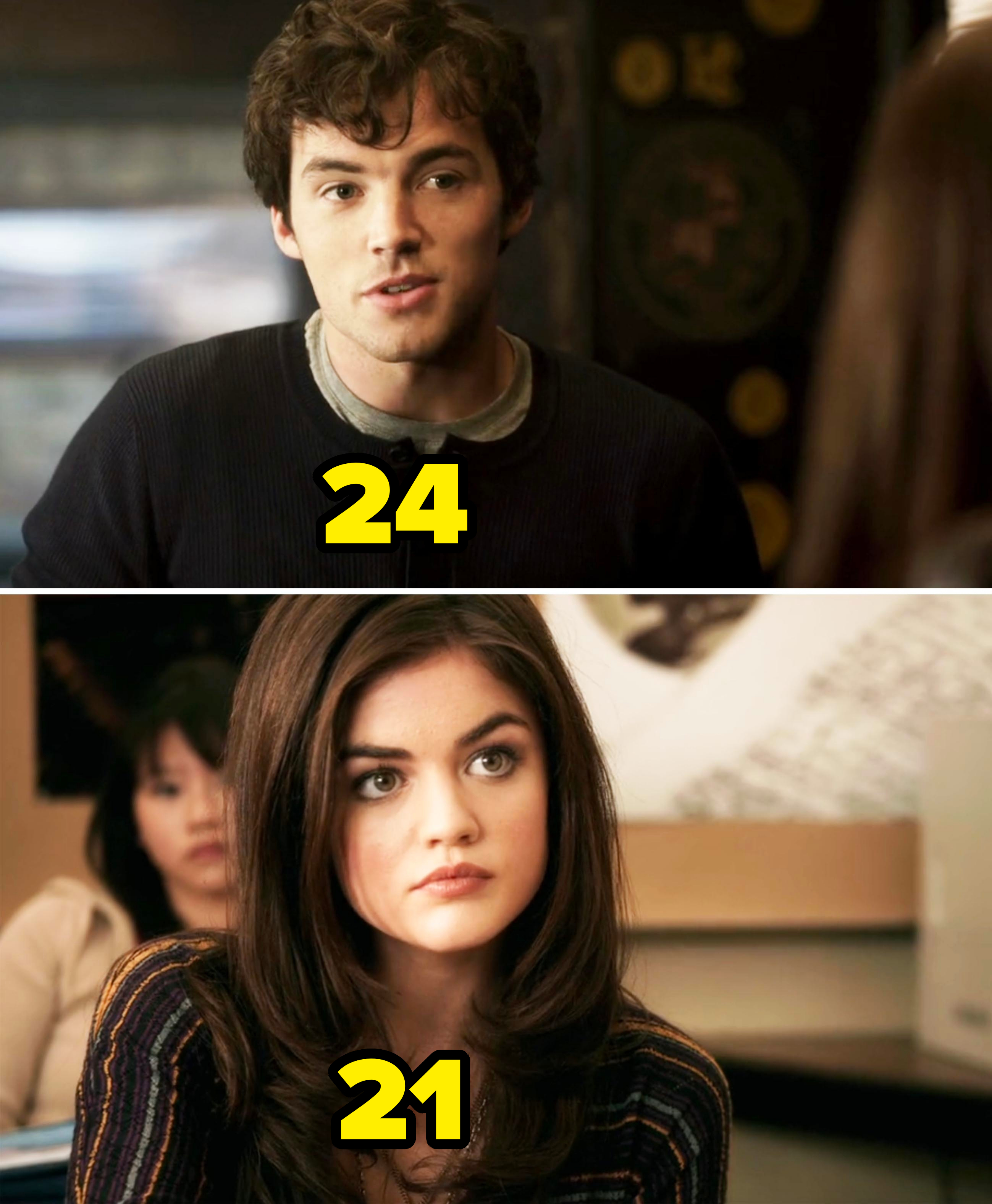 Ian Harding and Lucy Hale appear in scenes from the TV show "Pretty Little Liars." Ian wears a casual sweater, while Lucy is dressed in a striped top