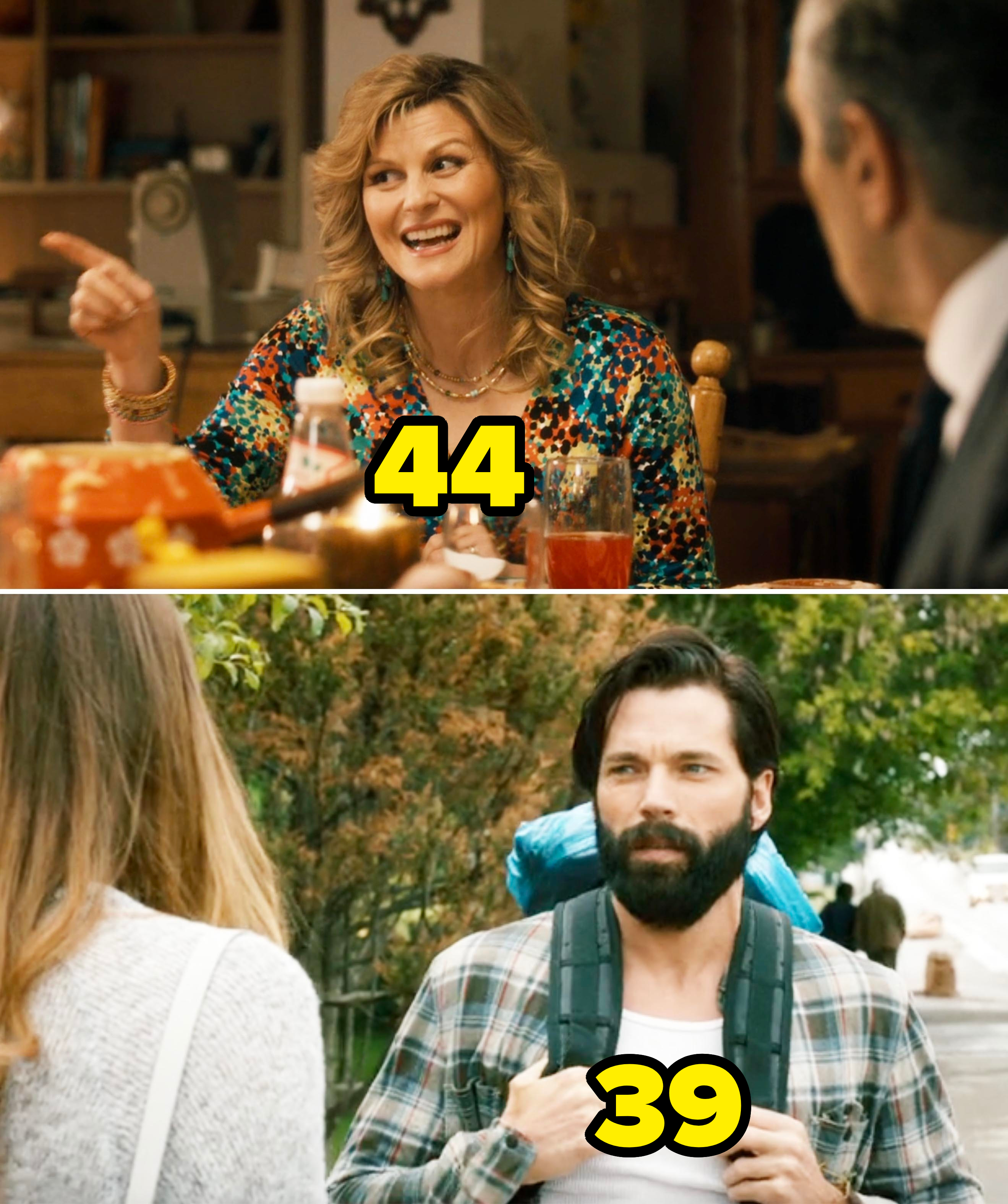 Upper image: Jane Seymour is laughing at a table with another person. Lower image: Victor Webster is outdoors, wearing a plaid shirt and carrying a backpack