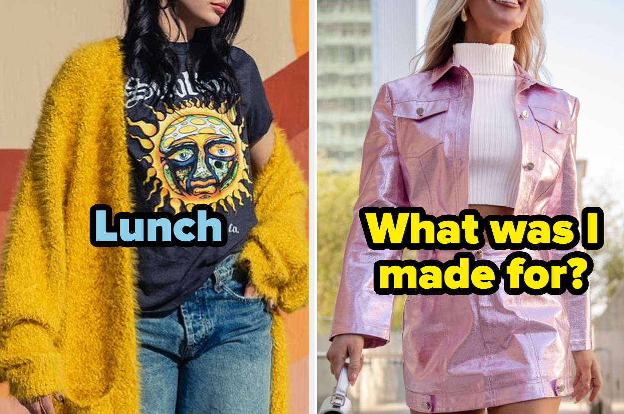 Dos personas con ropa moderna, una con abrigo de peluche amarillo y camiseta gráfica que dice "Lunch" y otra con chaqueta y falda metálica rosa que dice "What was I made for?"