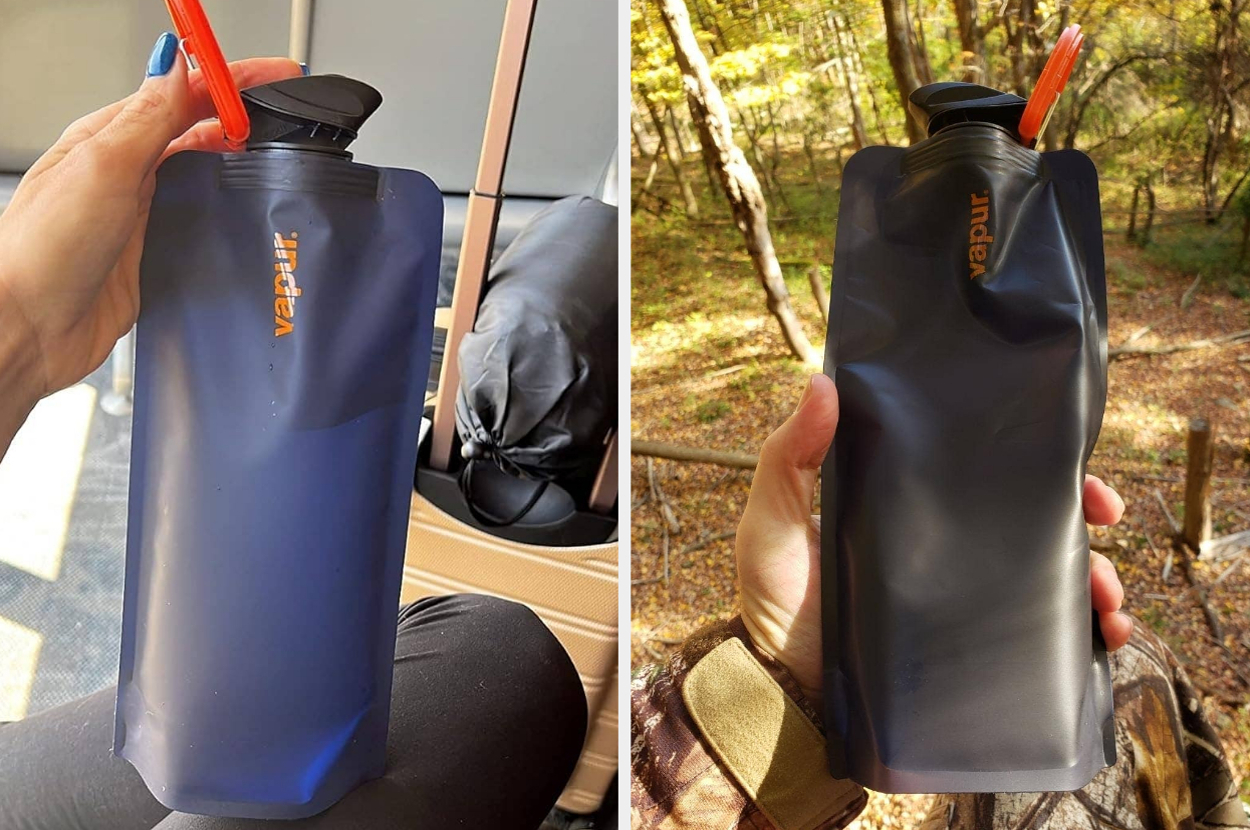 Two collapsible water bottles, one held indoors and the other outdoors in a forested area. Both feature a spout with an orange straw