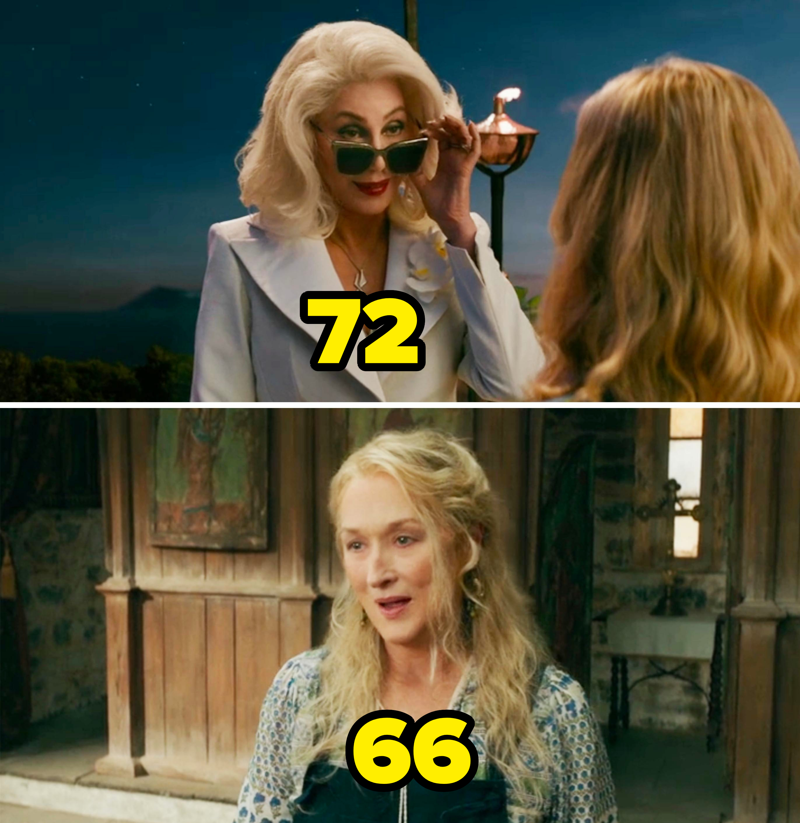 Cher and Meryl Streep in scenes from "Mamma Mia! Here We Go Again." Cher is wearing sunglasses and a stylish suit, while Meryl Streep is dressed in casual overalls