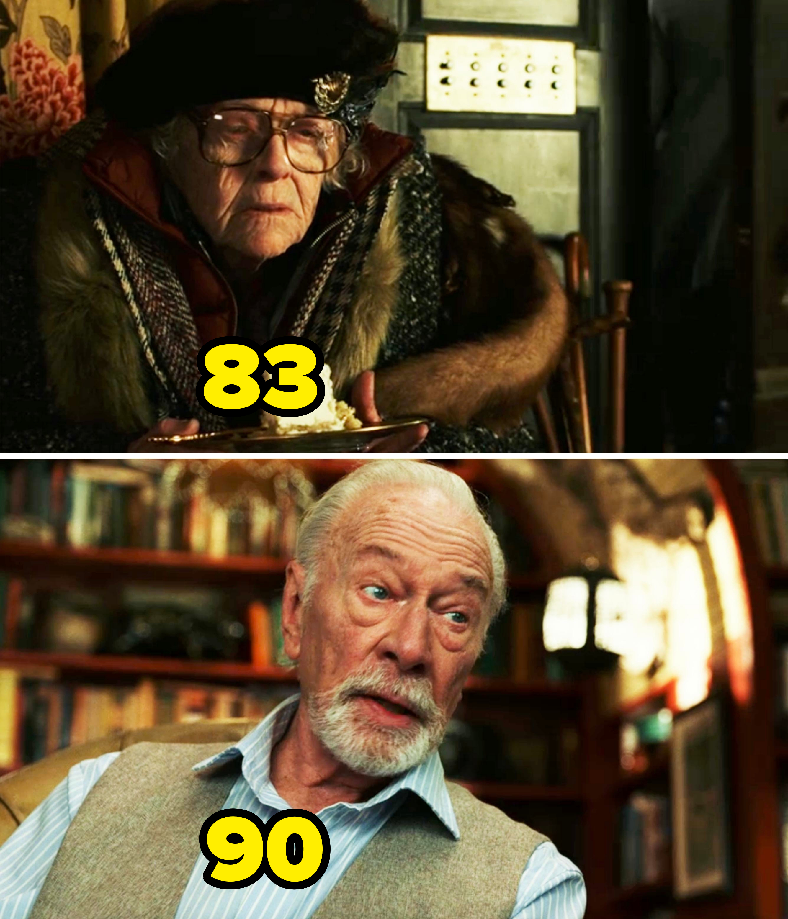 Christopher Plummer in two film scenes: one wearing a fur-trimmed coat and hat, the other in a vest, sitting in a cozy library