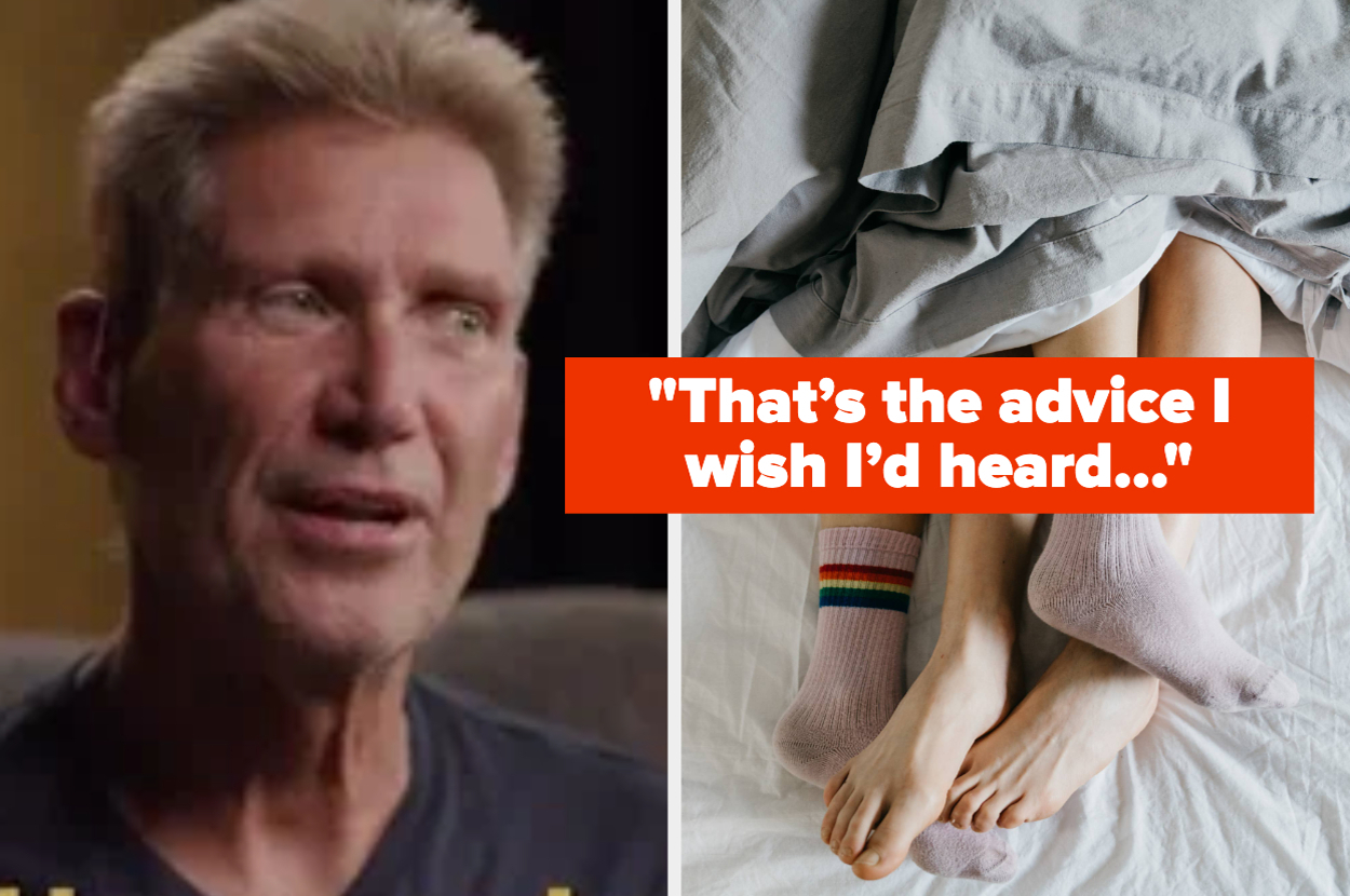 Close-up of a man on the left and two pairs of feet in bed on the right, with text: "That's the advice I wish I'd heard..."